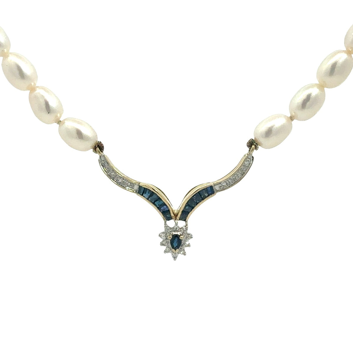 14k Yellow Gold 0.33cttw Sapphire and 0.11cttw Diamond Pearl Necklace1