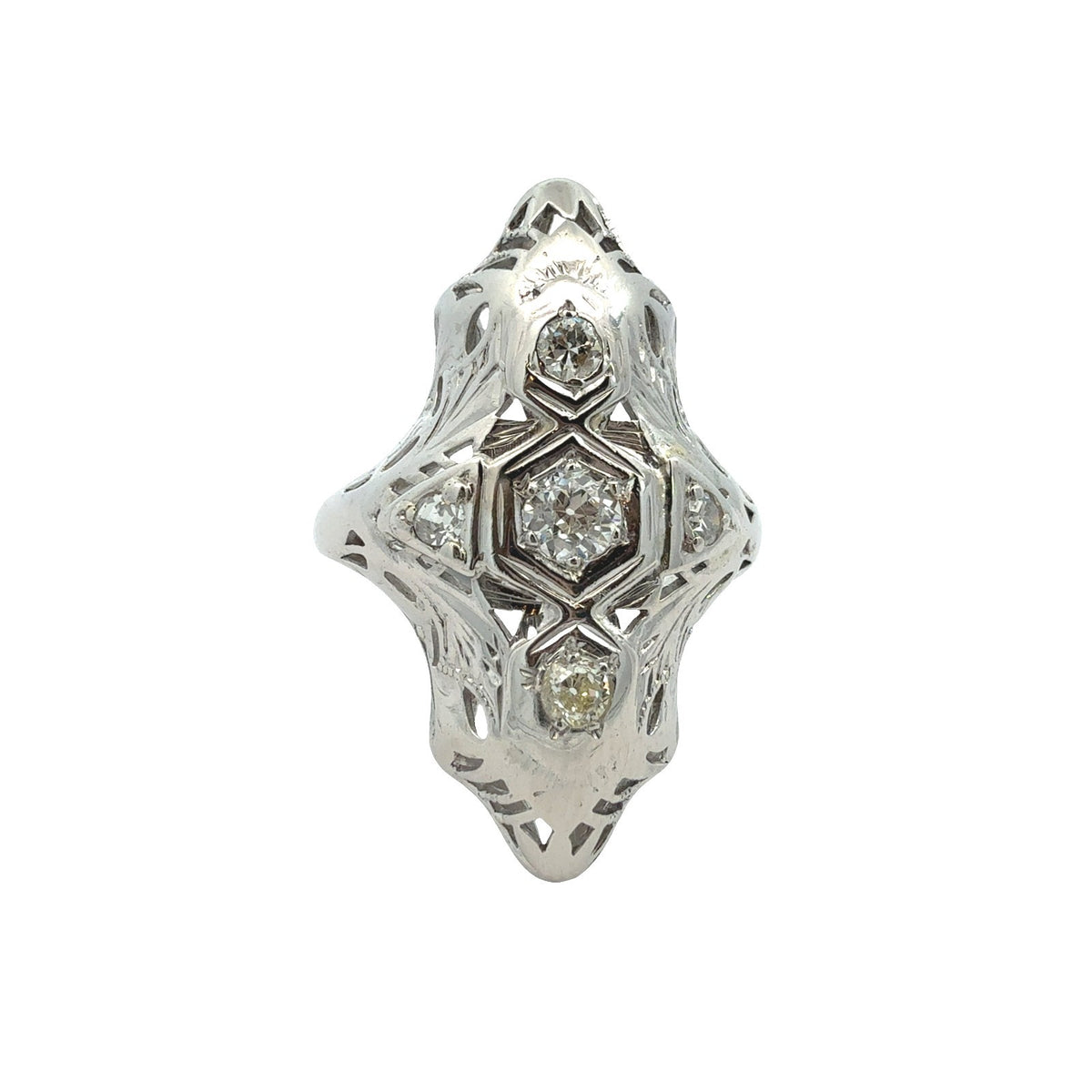 Vintage Art Deco 18k White Gold 0.32ctw Euro Cut Diamonds Navette Ring Size 65
