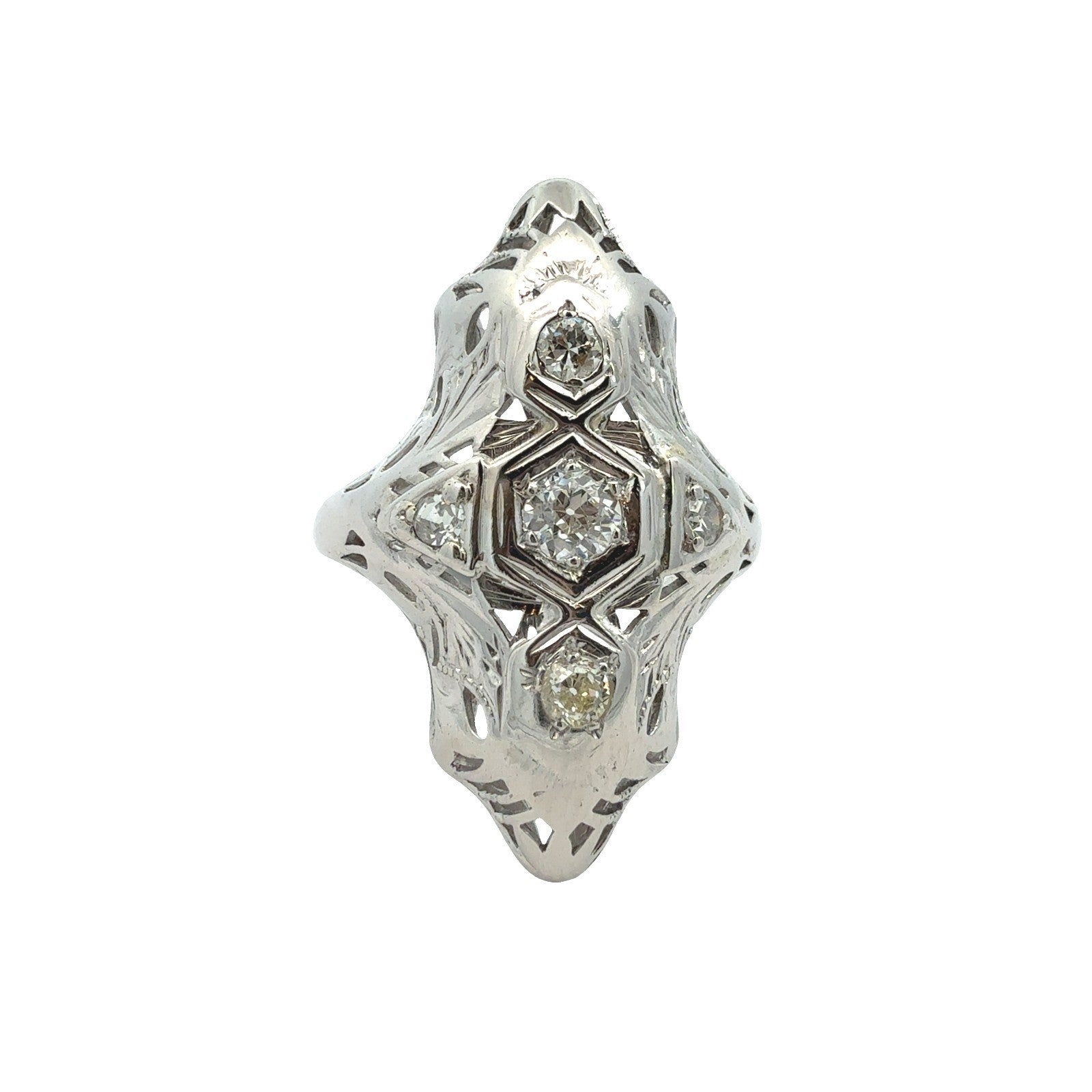 Vintage Art Deco 18k White Gold 0.32ctw Euro Cut Diamonds Navette Ring Size 65