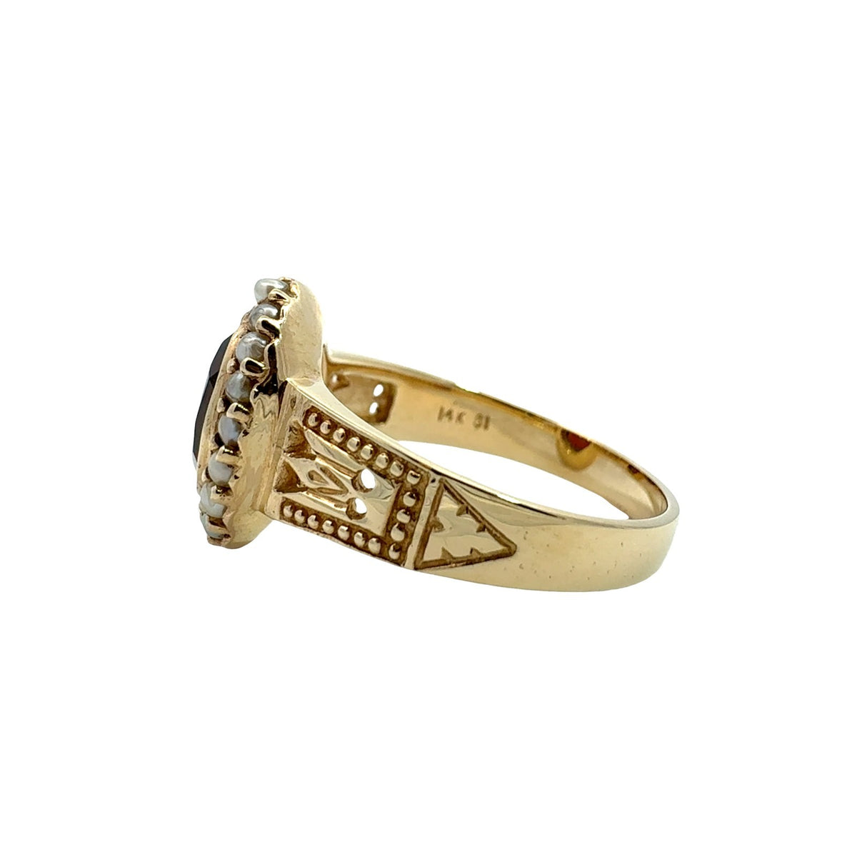 Vintage 14k Yellow Gold 2.30tcw Oval Garnet and Pearl Halo Cocktail Ring4