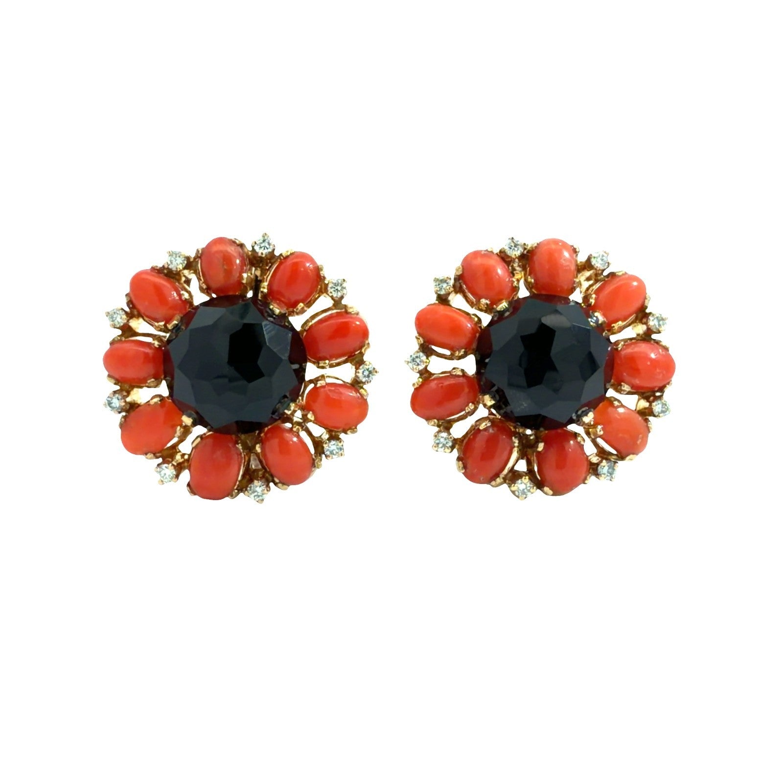 Vintage 18k Yellow Gold Orange Coral Onyx and 0.41ctw Diamond Earrings0