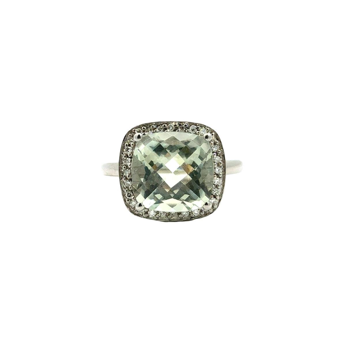 14k White Gold Cushion-Cut 3.33tcw Prasiolite and 0.11cttw Diamond Halo Ring0