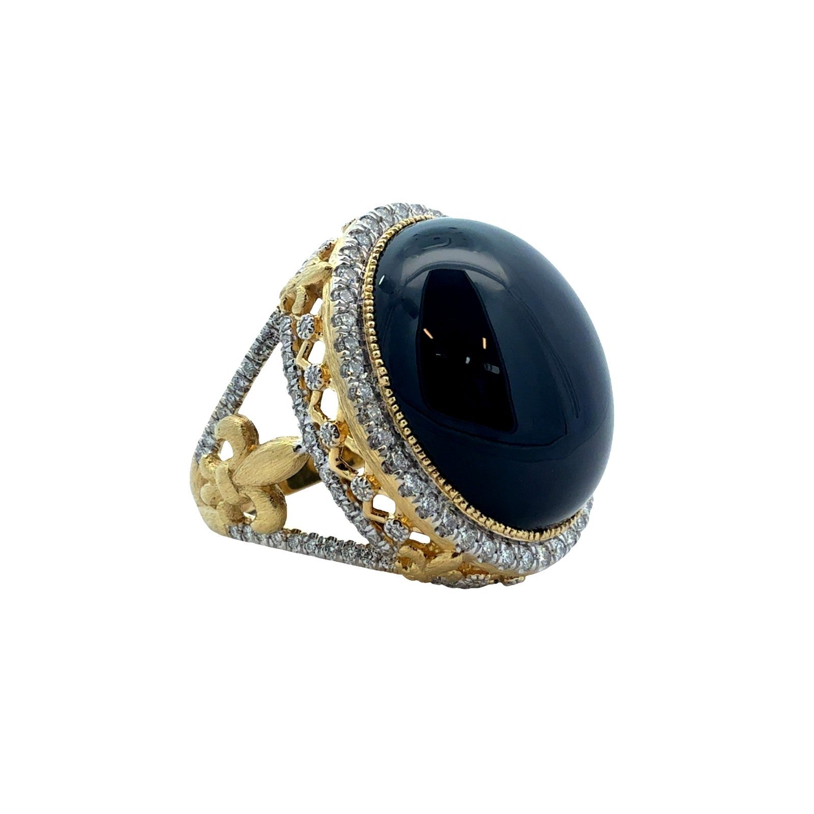 18k Yellow Gold Large Oval Onyx & 0.98ctw Diamond Cocktail Ring Size 6.50