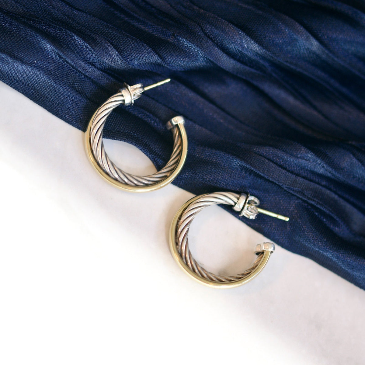 David Yurman Two-Tone Twisted Cable Crossover Hoop Earrings0