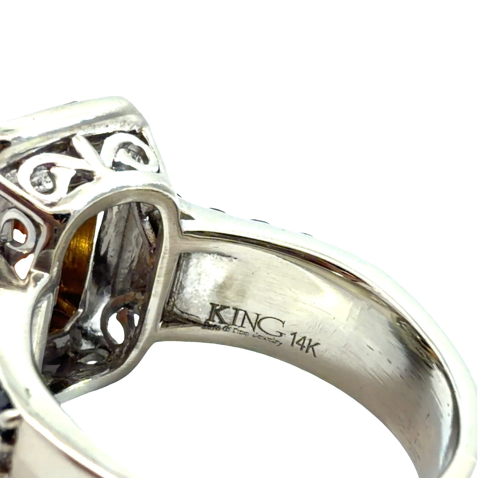 Stamped 14k WG 2.15ctw Orange Topaz 1.82ctw Black & White Diamond Ring Sz 75