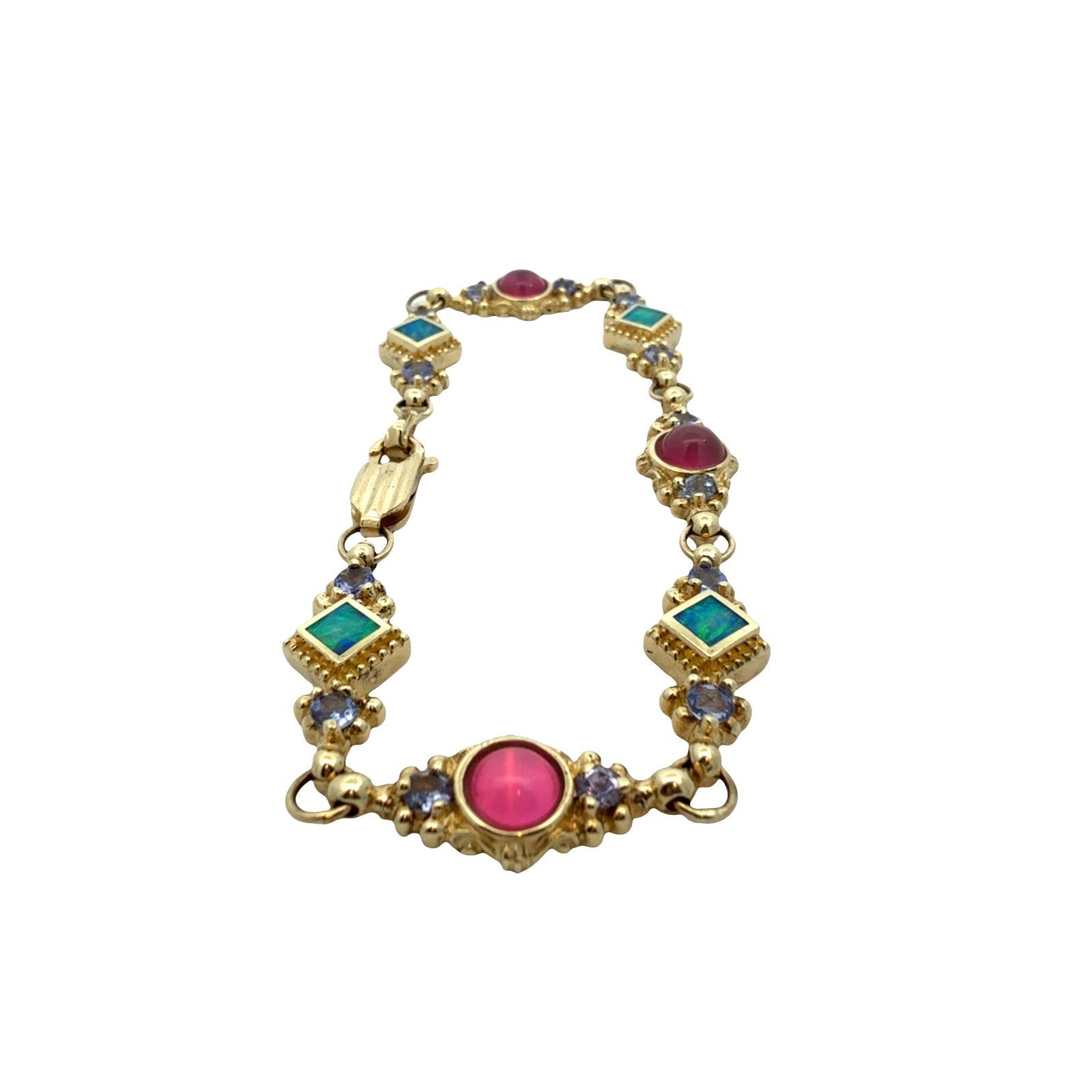 A.K 14k Yellow Gold Opal & 1.26cttw Iolite Multi-Color Link Bracelet 7"3
