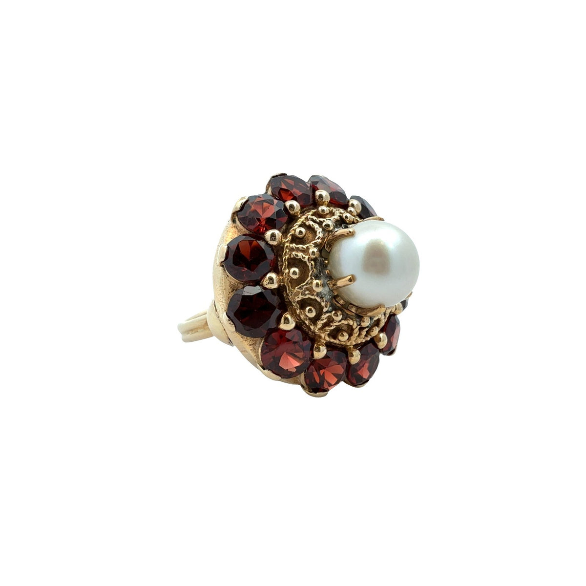 Vintage 14k Yellow Gold Stamped Pearl & 4.68cttw Garnet Halo Cocktail Ring1