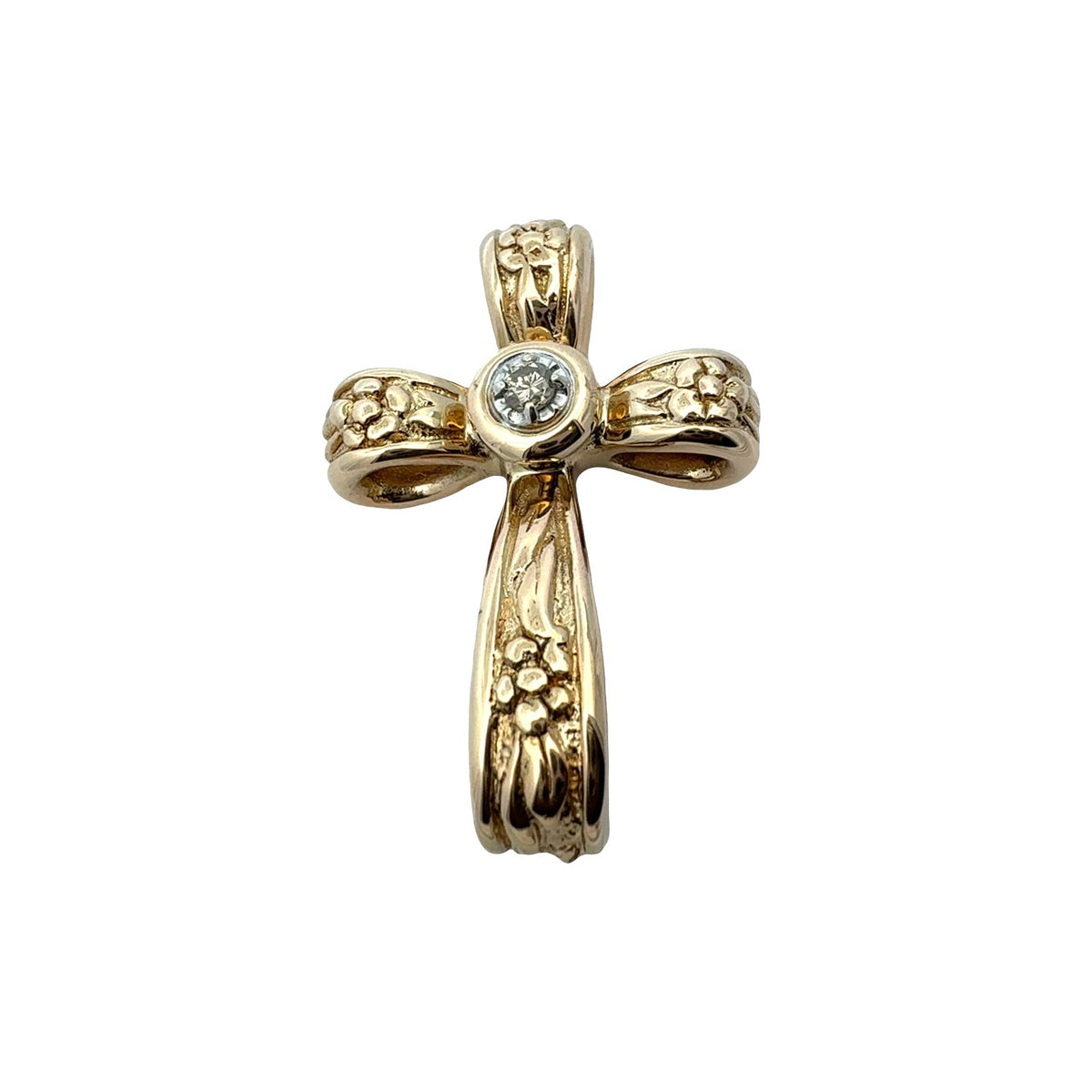Vintage 14k Yellow Gold 0.06cttw Diamond Floral Design Cross Pendant0