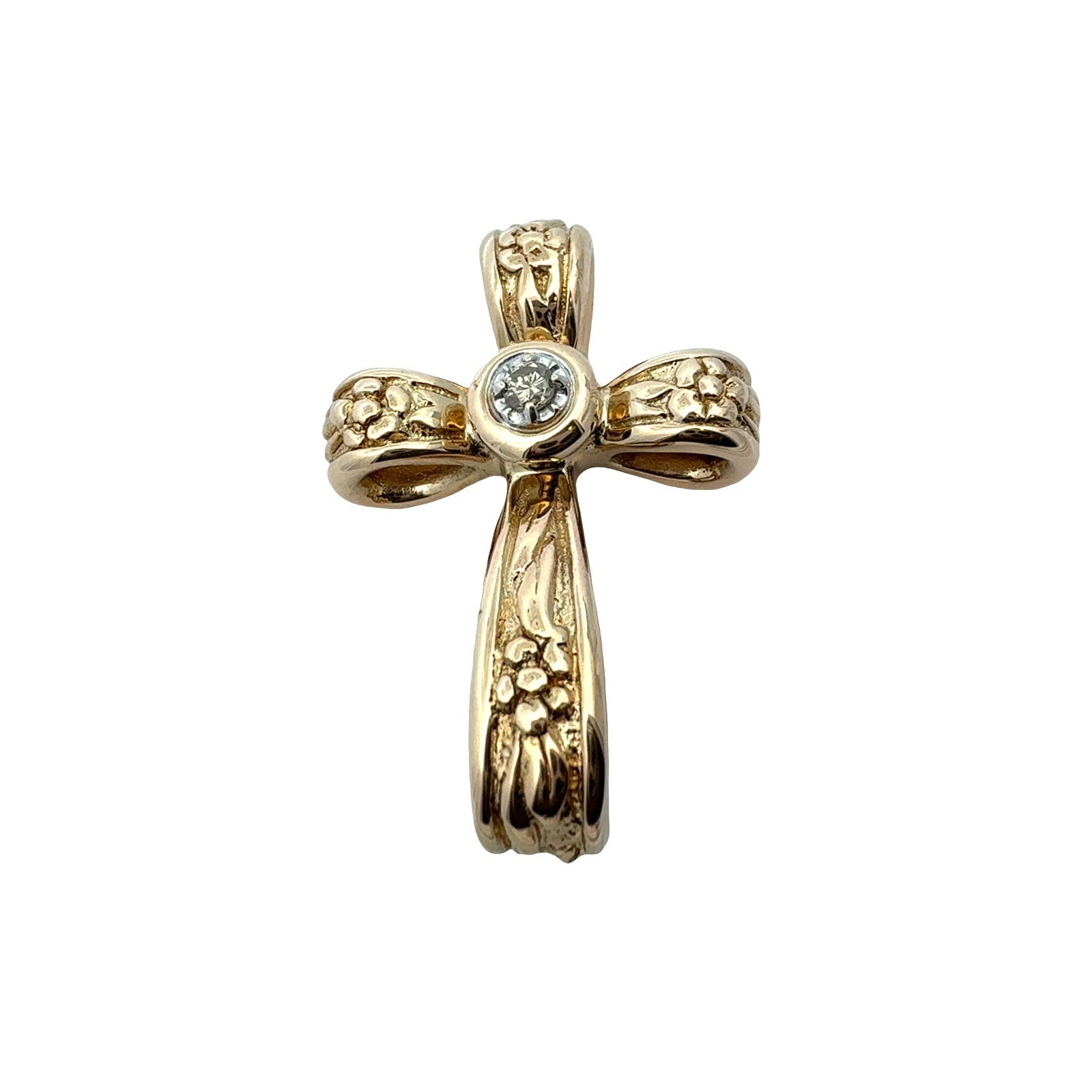 Vintage 14k Yellow Gold 0.06cttw Diamond Floral Design Cross Pendant0