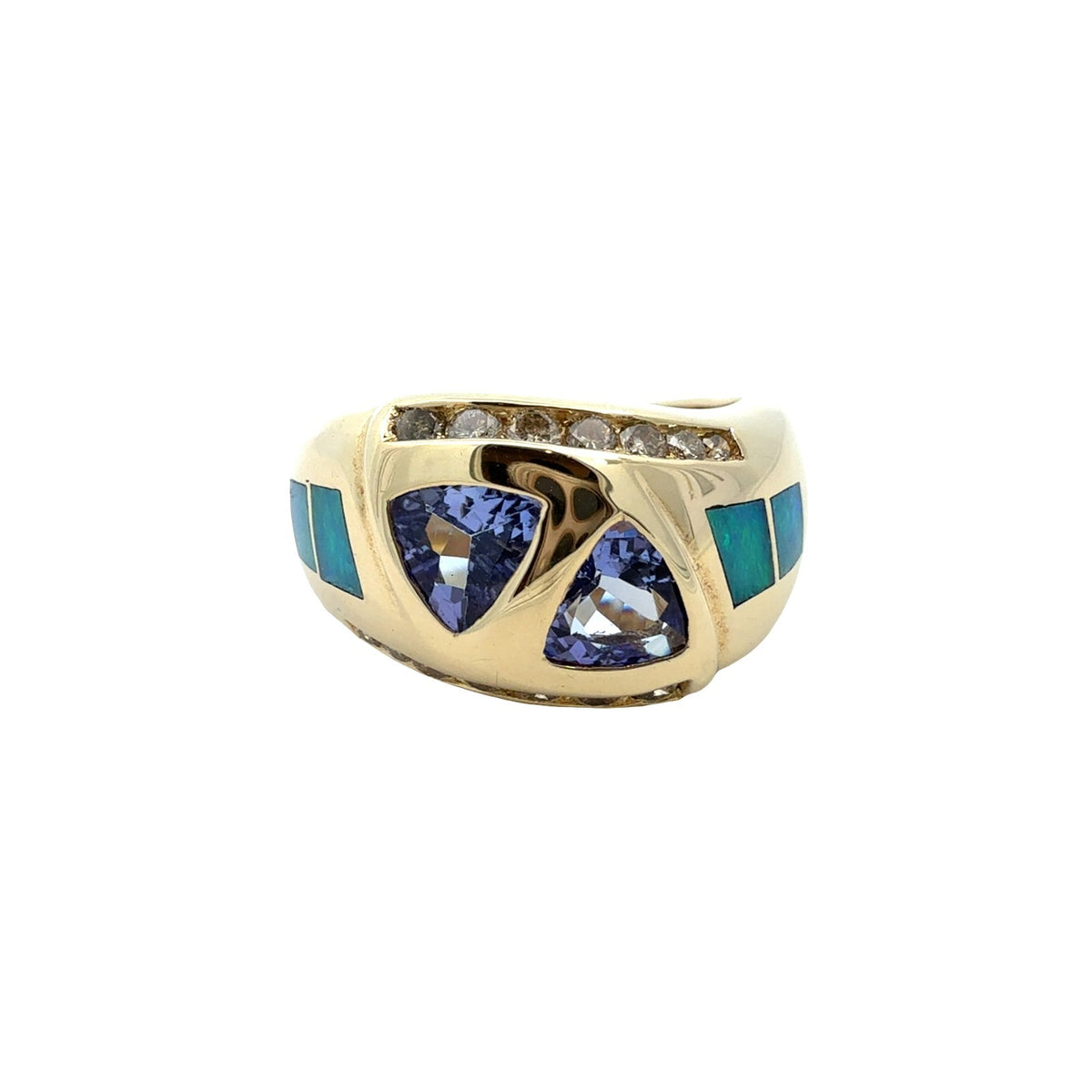 STS 14k Yellow Gold 1.07cttw Tanzanite 0.35cttw Diamond &amp; Opal Inlay Ring0