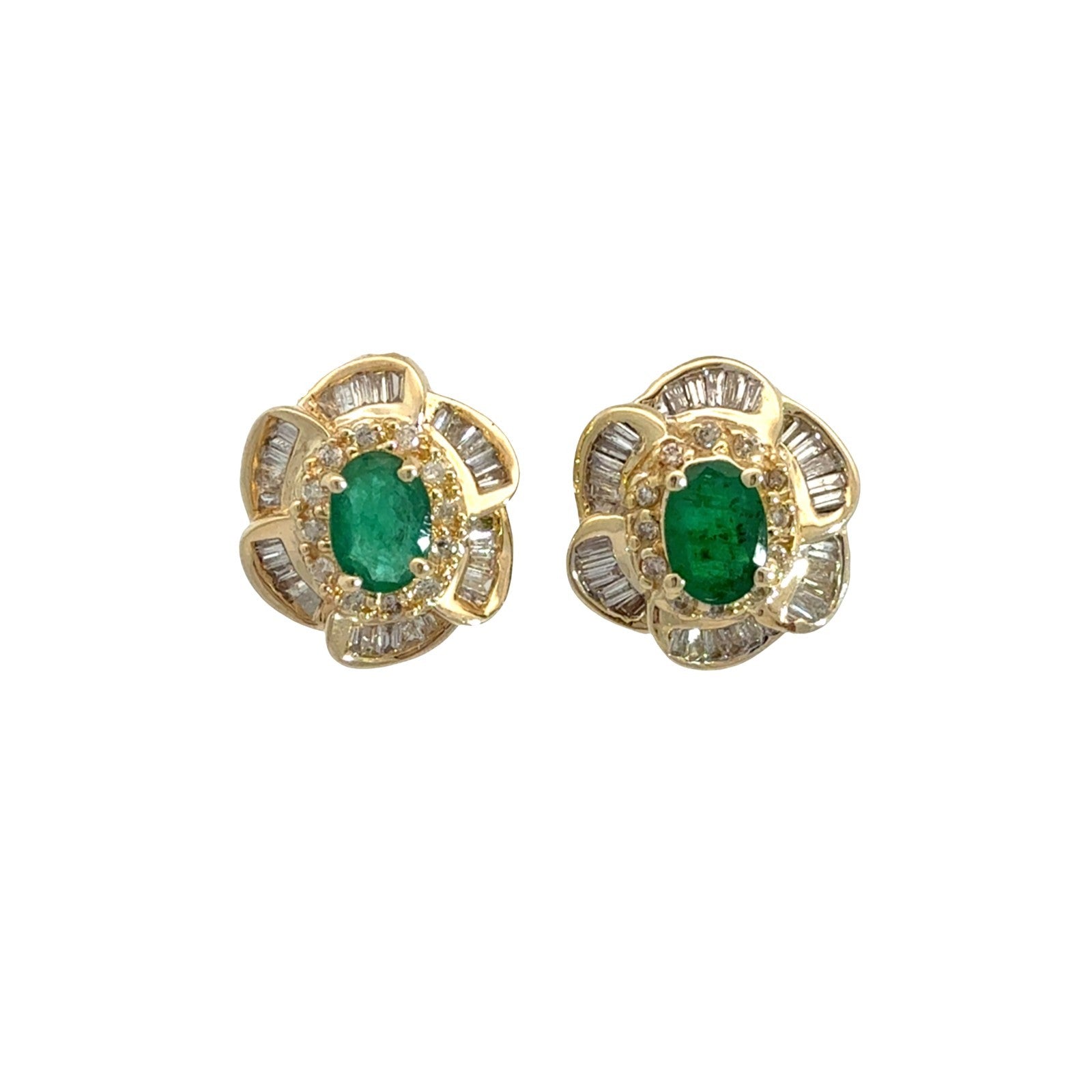 14k Yellow Gold 1.12cttw Oval Emerald and 1.44cttw Diamond Floral Halo Earrings0