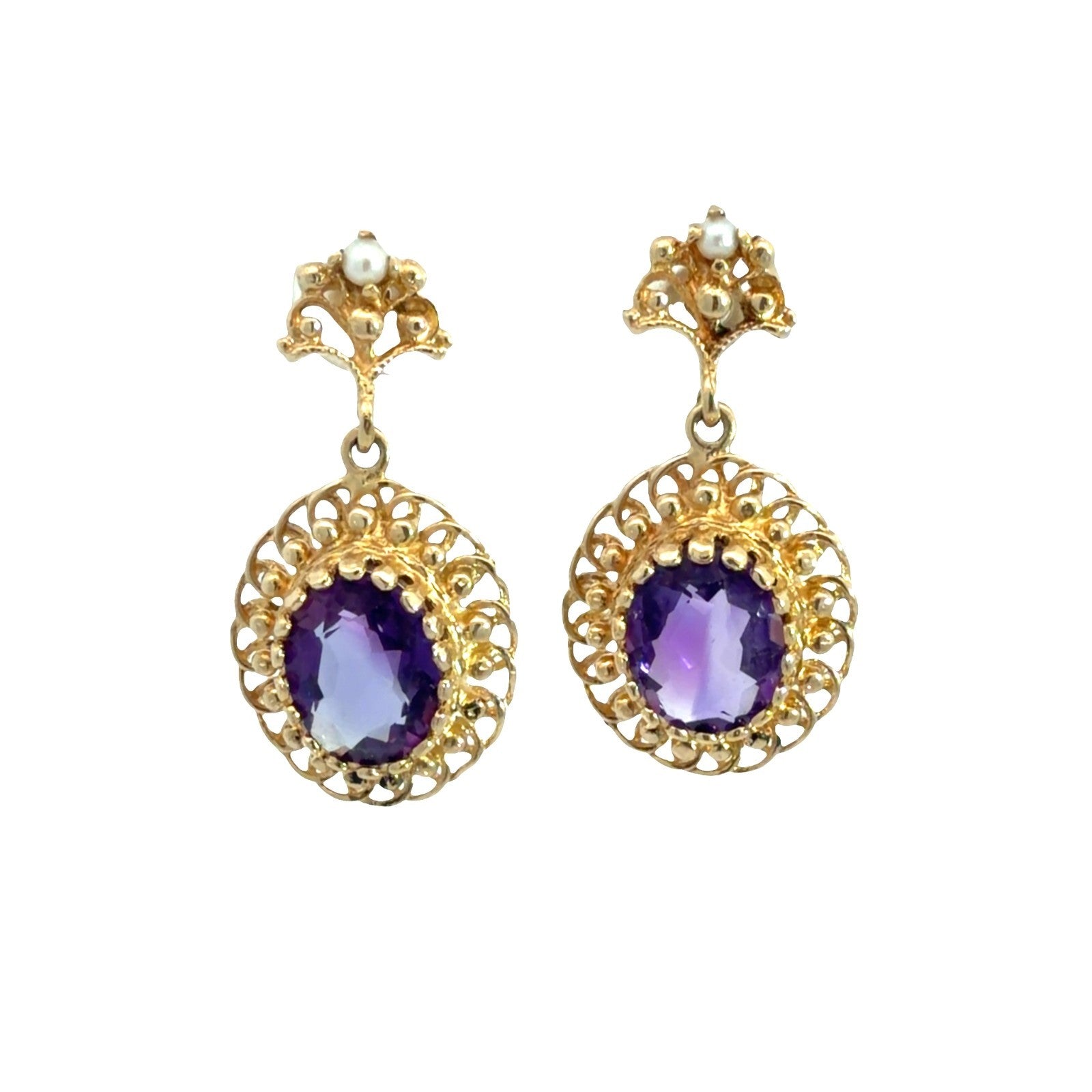 Vintage 14k Yellow Gold Stamped 4.12ctw Amethyst and Seed Pearl Dangle Earrings0