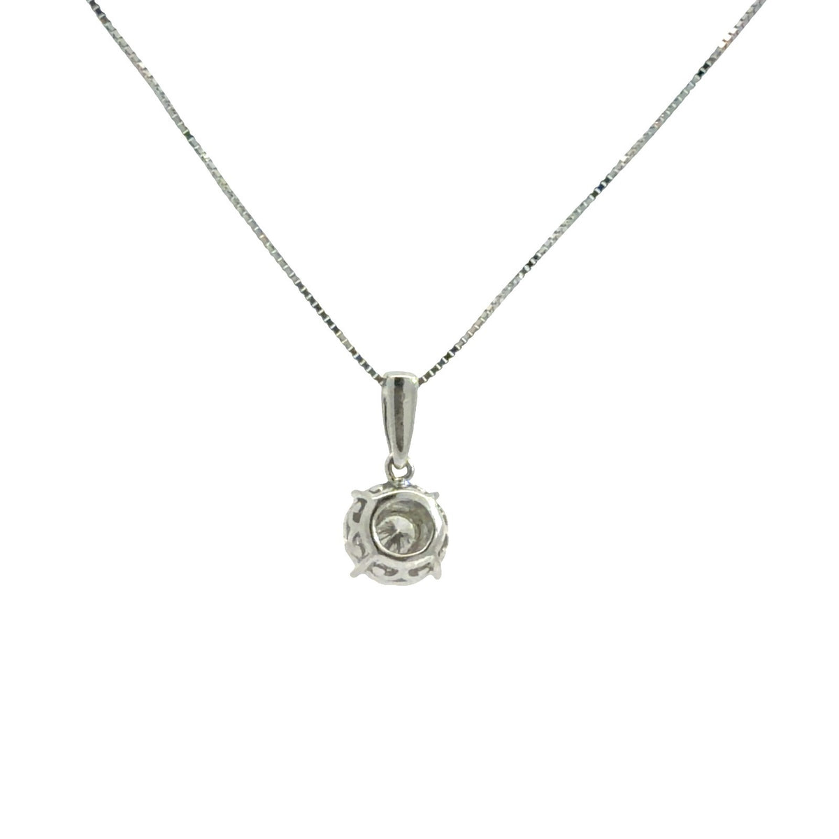 14k White Gold 0.19cttw Diamond Halo Pendant Box Chain Necklace 16"2