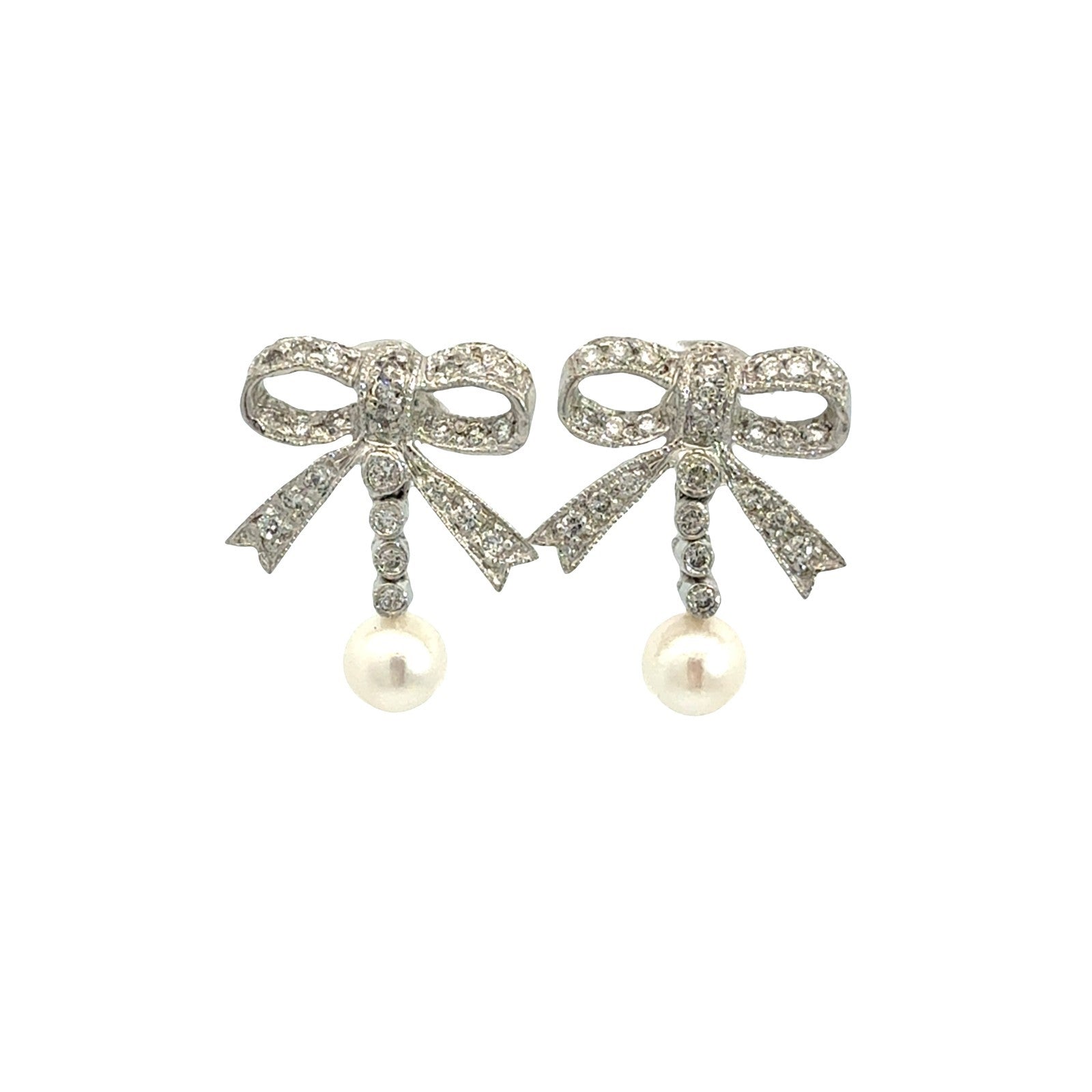14k White Gold 0.60cttw Diamond Bow and Pearl Drop Earrings0