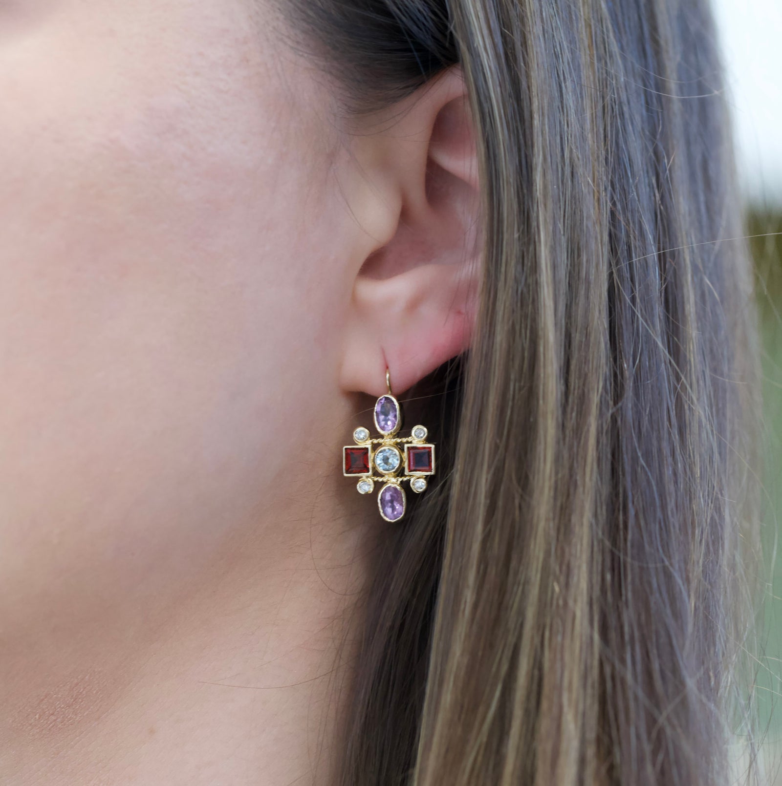 Vintage 13.5k Yellow Gold Diamond, Topaz, Amethyst, and Garnet Earrings0