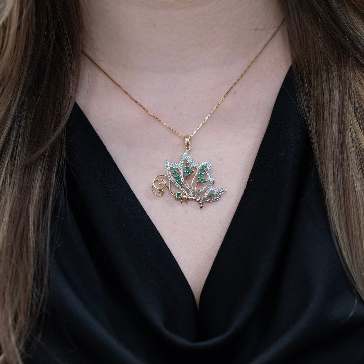 Estate 10k Multi-Tone Gold 0.33ctw Emerald and 0.01ctw Diamond Butterfly Pendant