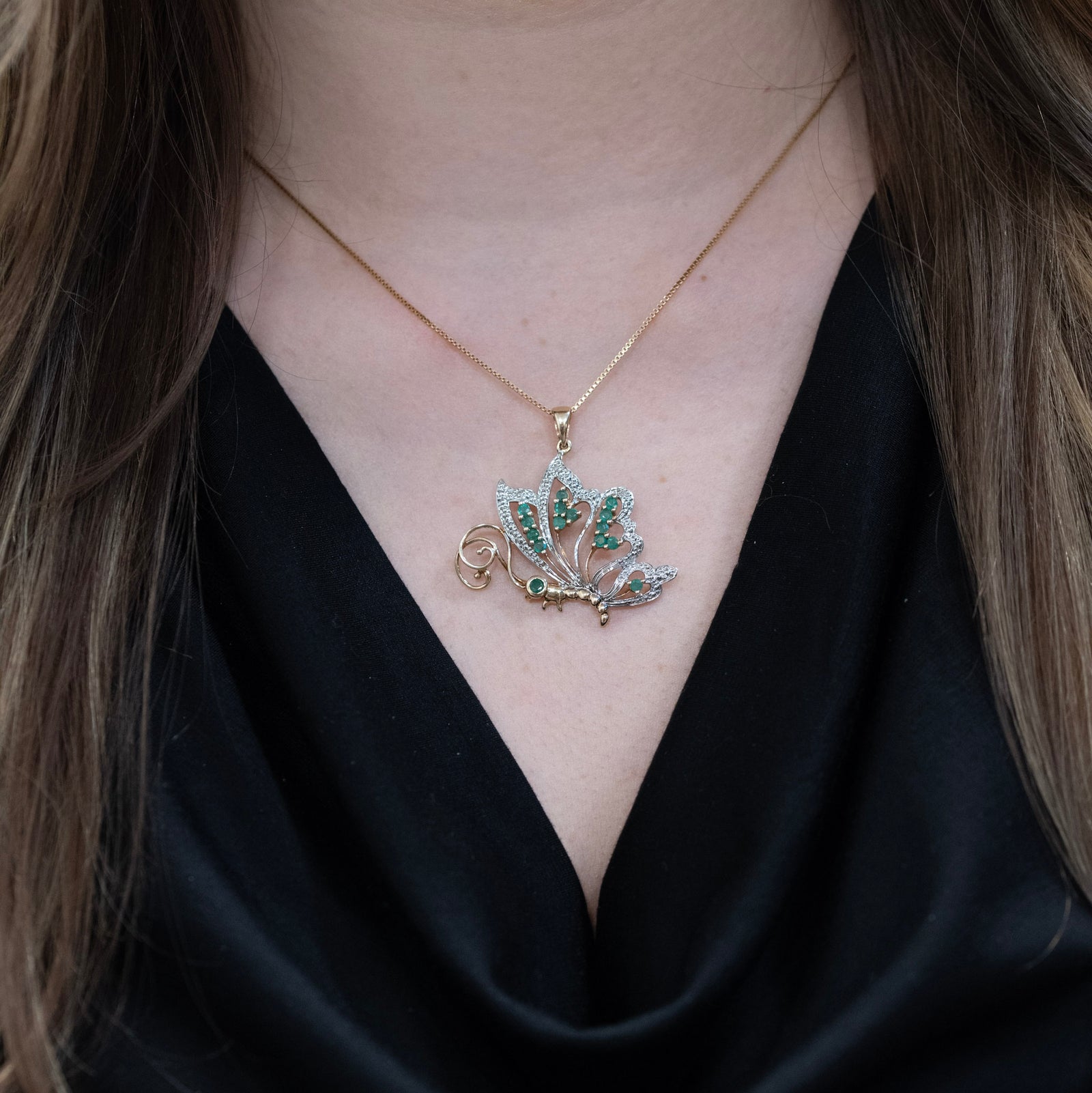 10k Yellow Gold 0.33ctw Emerald and 0.01ctw Diamond Butterfly Pendant0