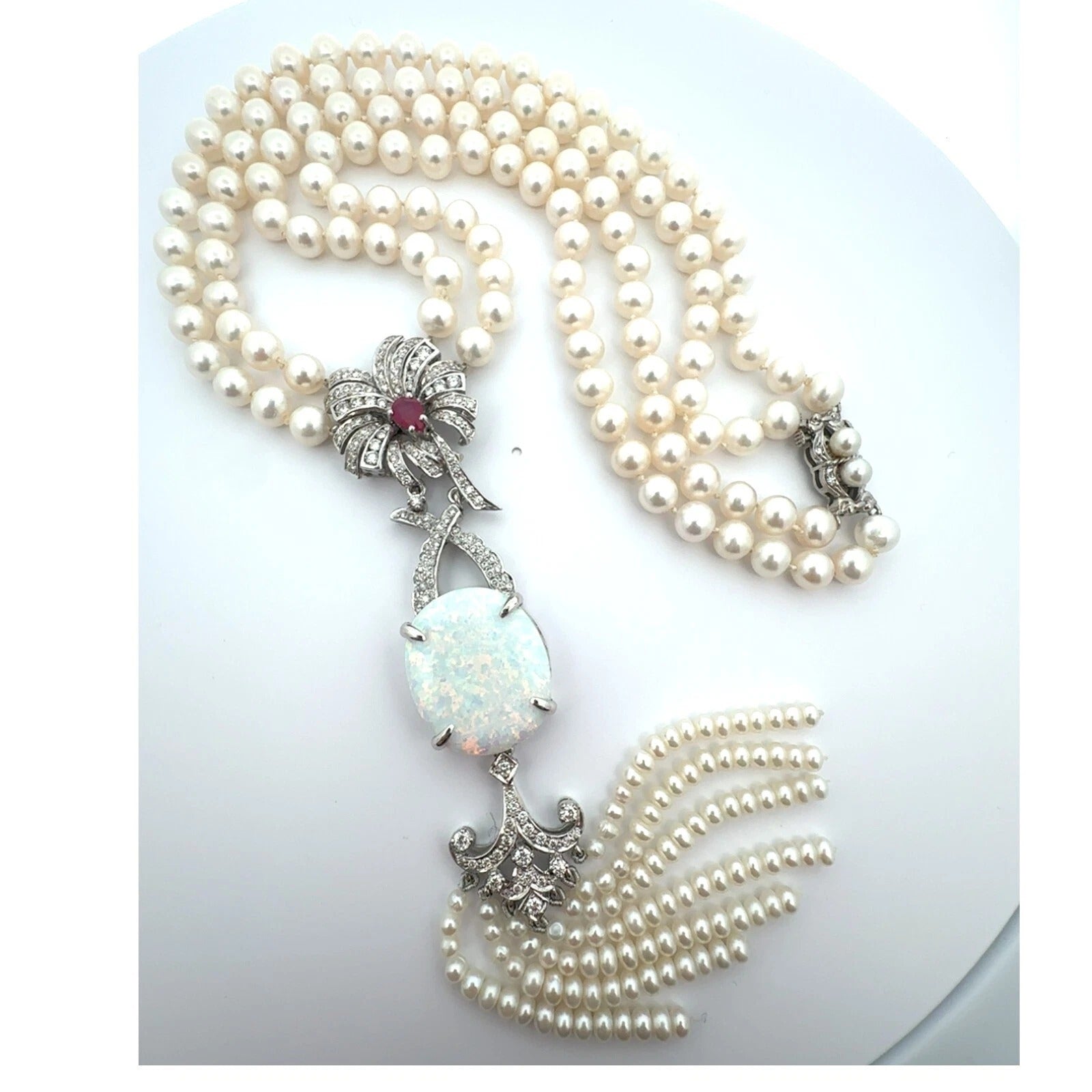 Vintage Custom Designed Pearl Necklace Large Opal Pendant Ruby & Diamond Accents