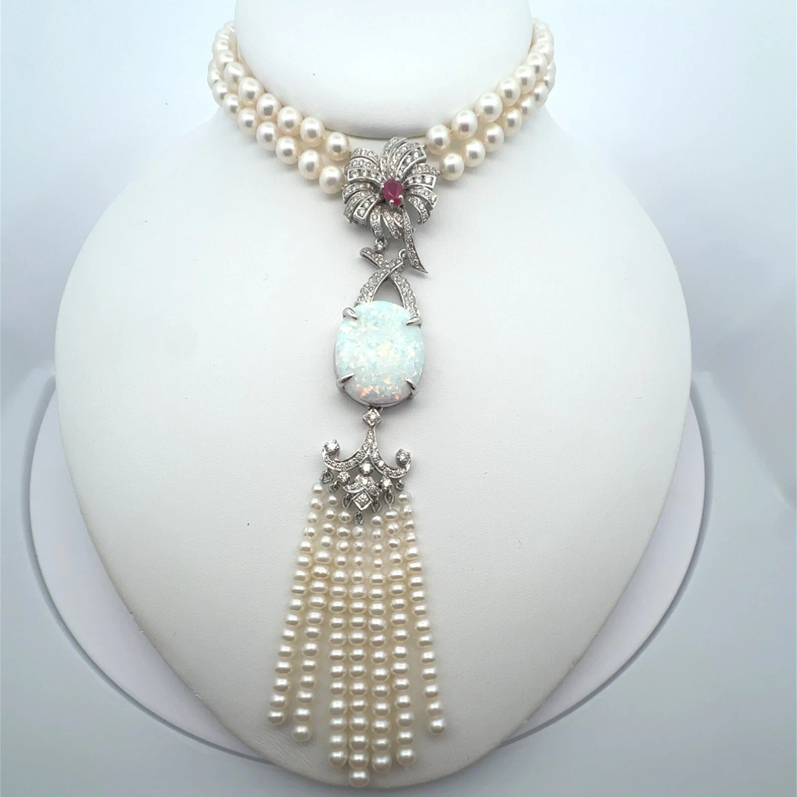 Vintage Custom Designed Pearl Necklace Large Opal Pendant Ruby & Diamond Accents