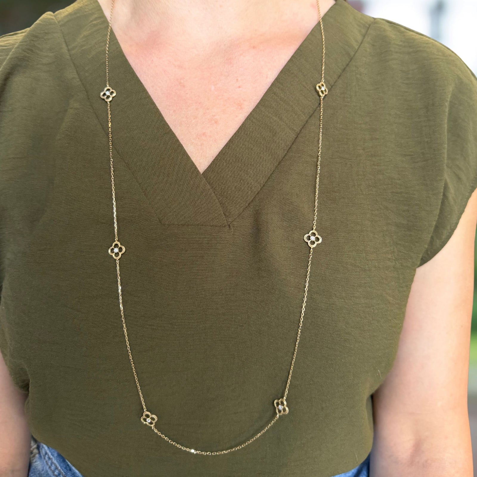 Vintage 14k Yellow Gold 0.50ctw Diamond Flower Chain Necklace 36"