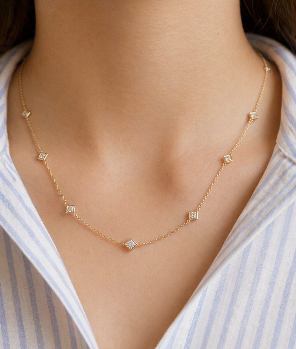 The Jewel Box 14k Yellow Gold Graduated Square 3.10cttw Diamond Station Necklace