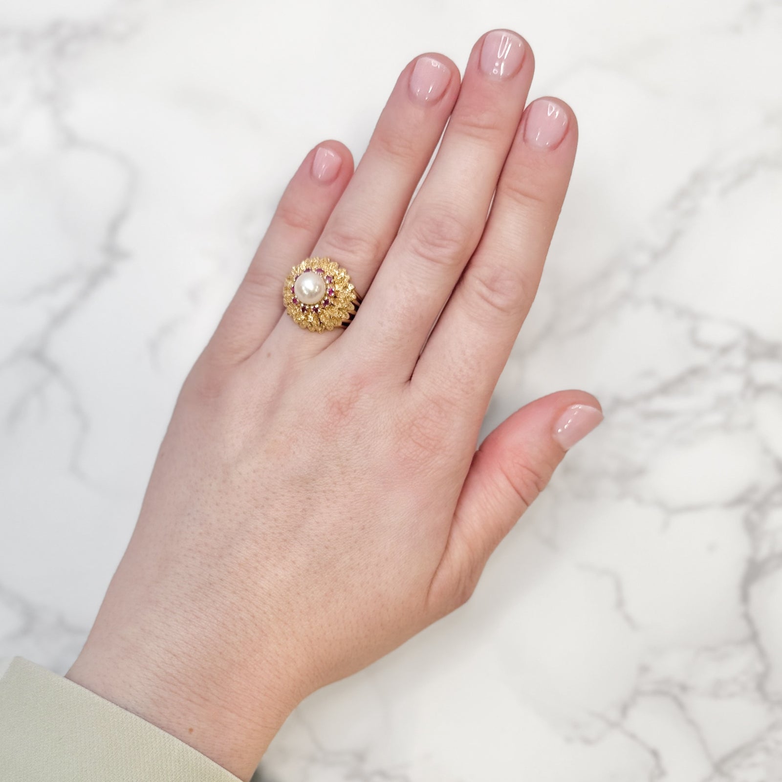 Vintage 13.5k Yellow Gold Pearl and 0.30ctw Ruby Floral Ring Size 6.250