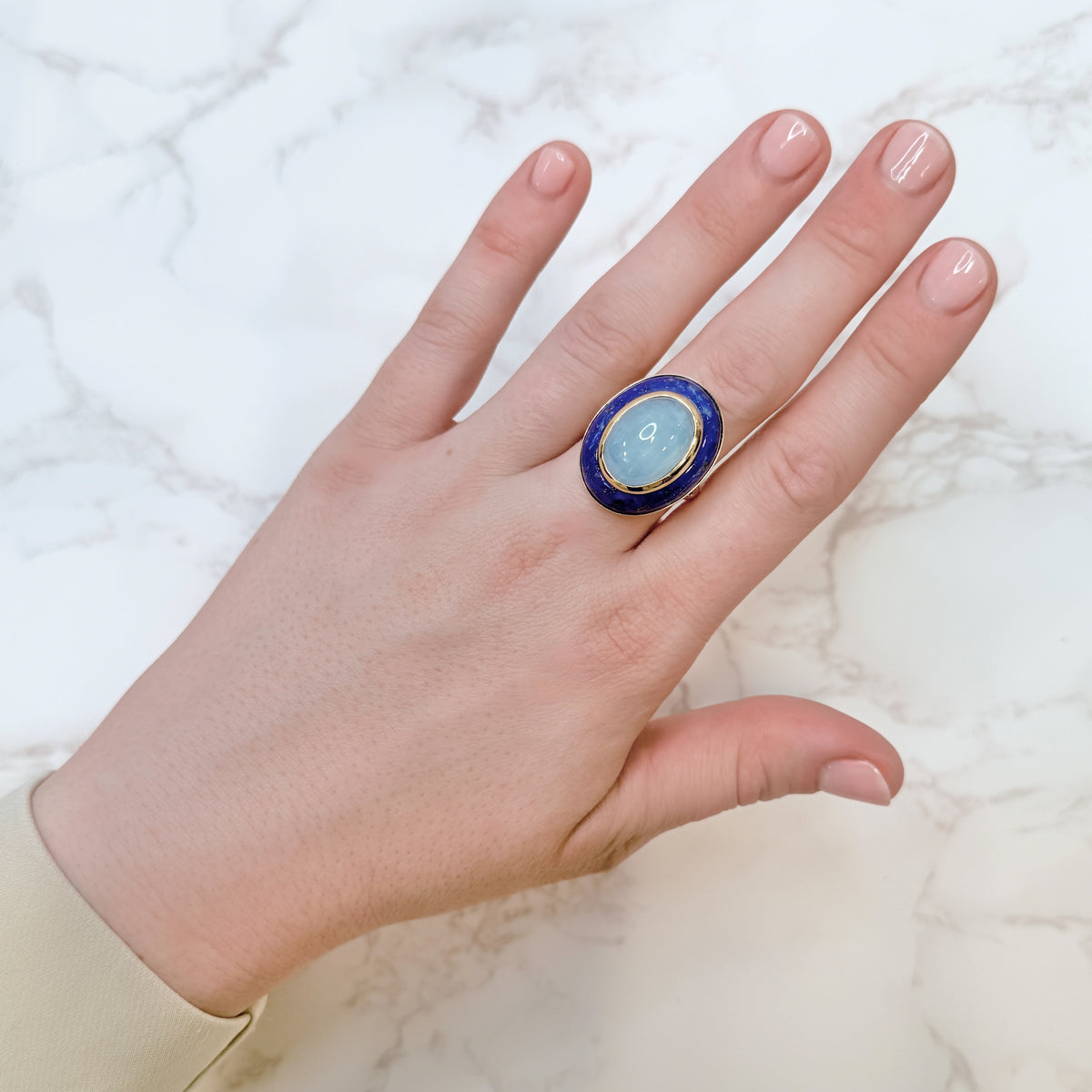 Vintage 14k Yellow Gold, Aquamarine, & Lapis Lazuli Cocktail Ring