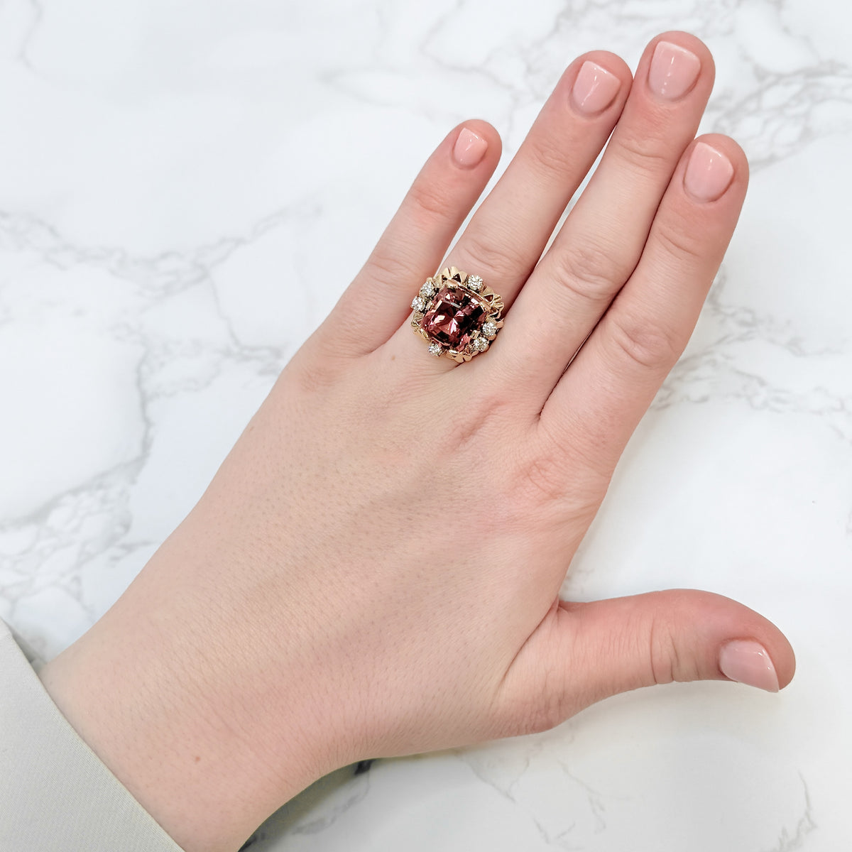 Vintage 14k Yellow Gold 8.00ctw Tourmaline and 0.60ctw Diamond Cocktail Ring