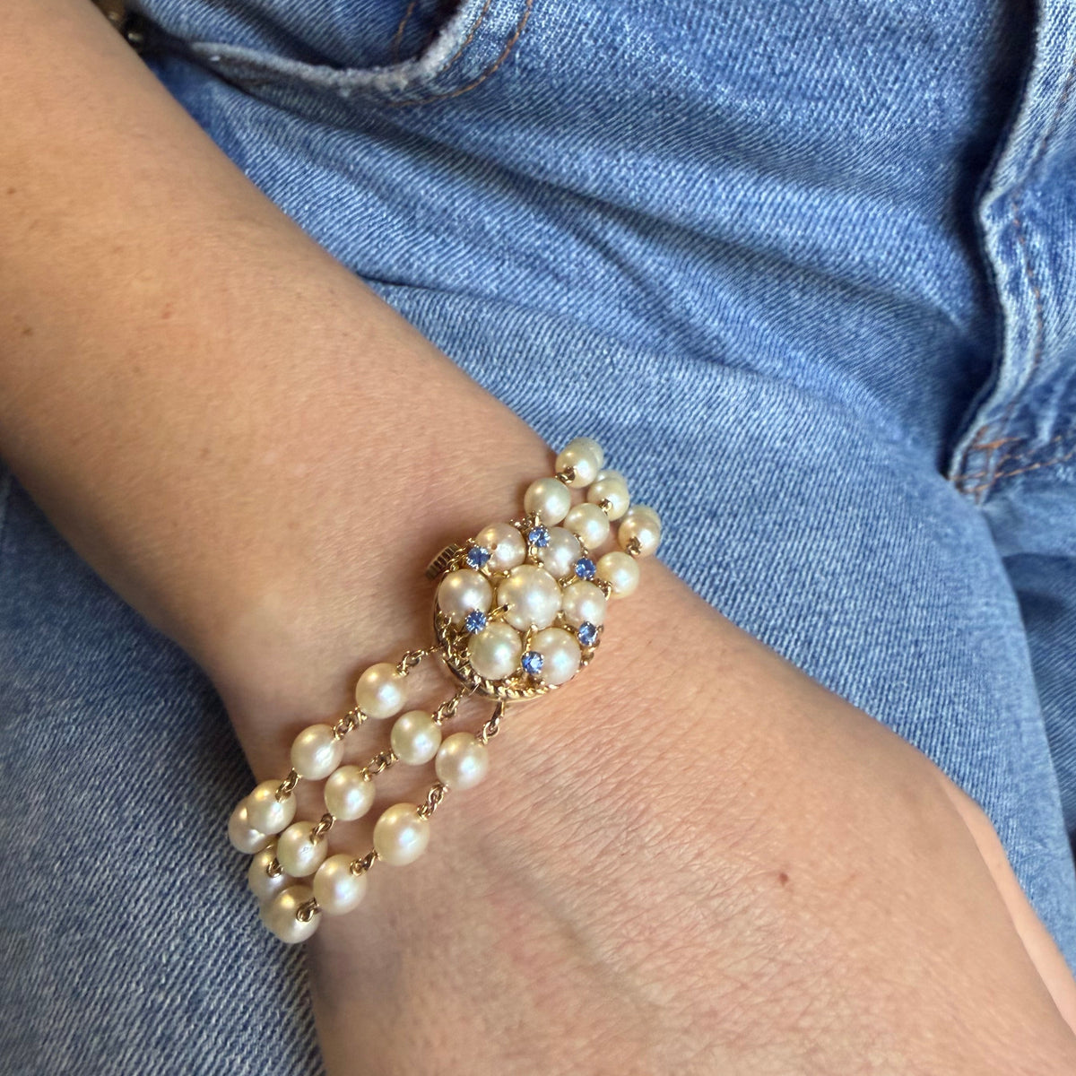 Vintage 14k Yellow Gold Triple Strand Pearl 0.30ctw Sapphire Hidden Watch Bracelet 7"