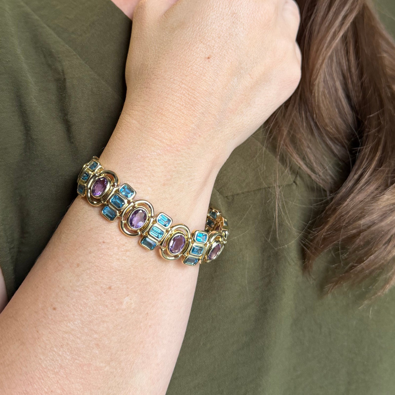 Estate 14k Yellow Gold Bezel Set Amethyst and Topaz Bracelet