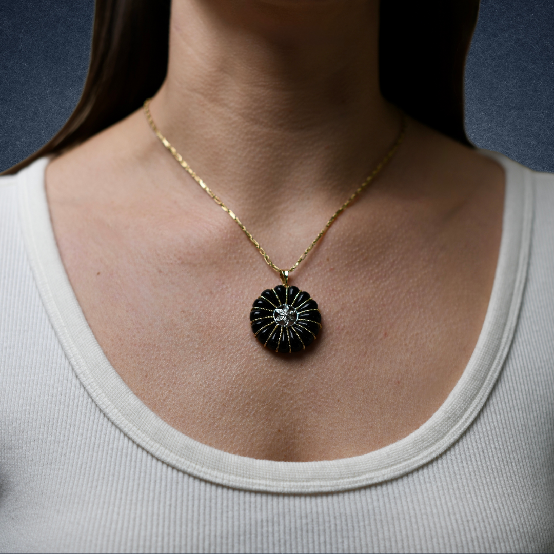 Vintage Black Onyx and Diamond Floral Pendant