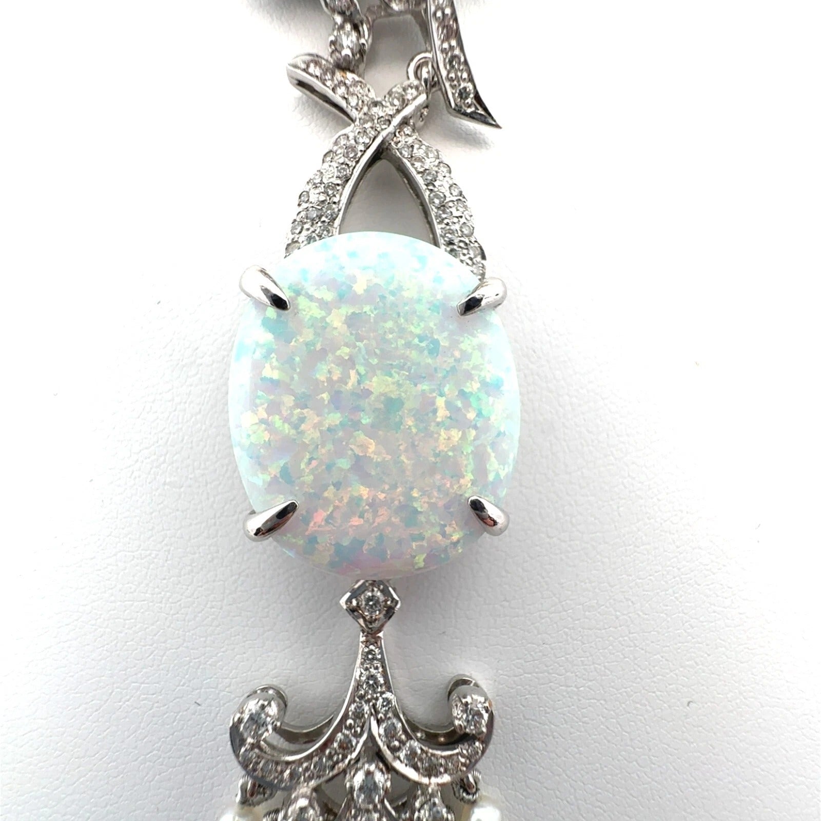 Vintage Custom Designed Pearl Necklace Large Opal Pendant Ruby & Diamond Accents