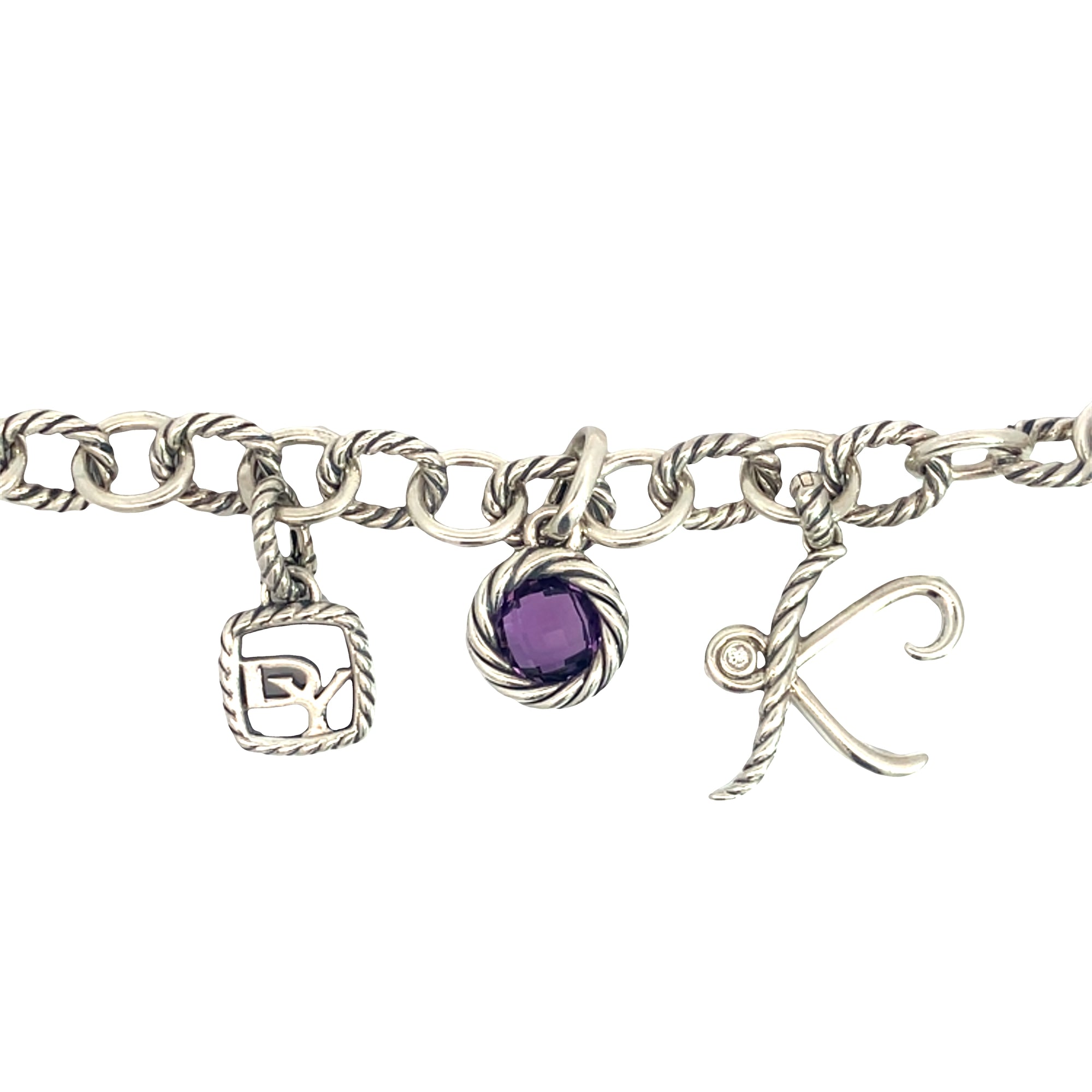Estate David Yurman Sterling Silver Amethyst Oval Link Cable Charm Bracelet