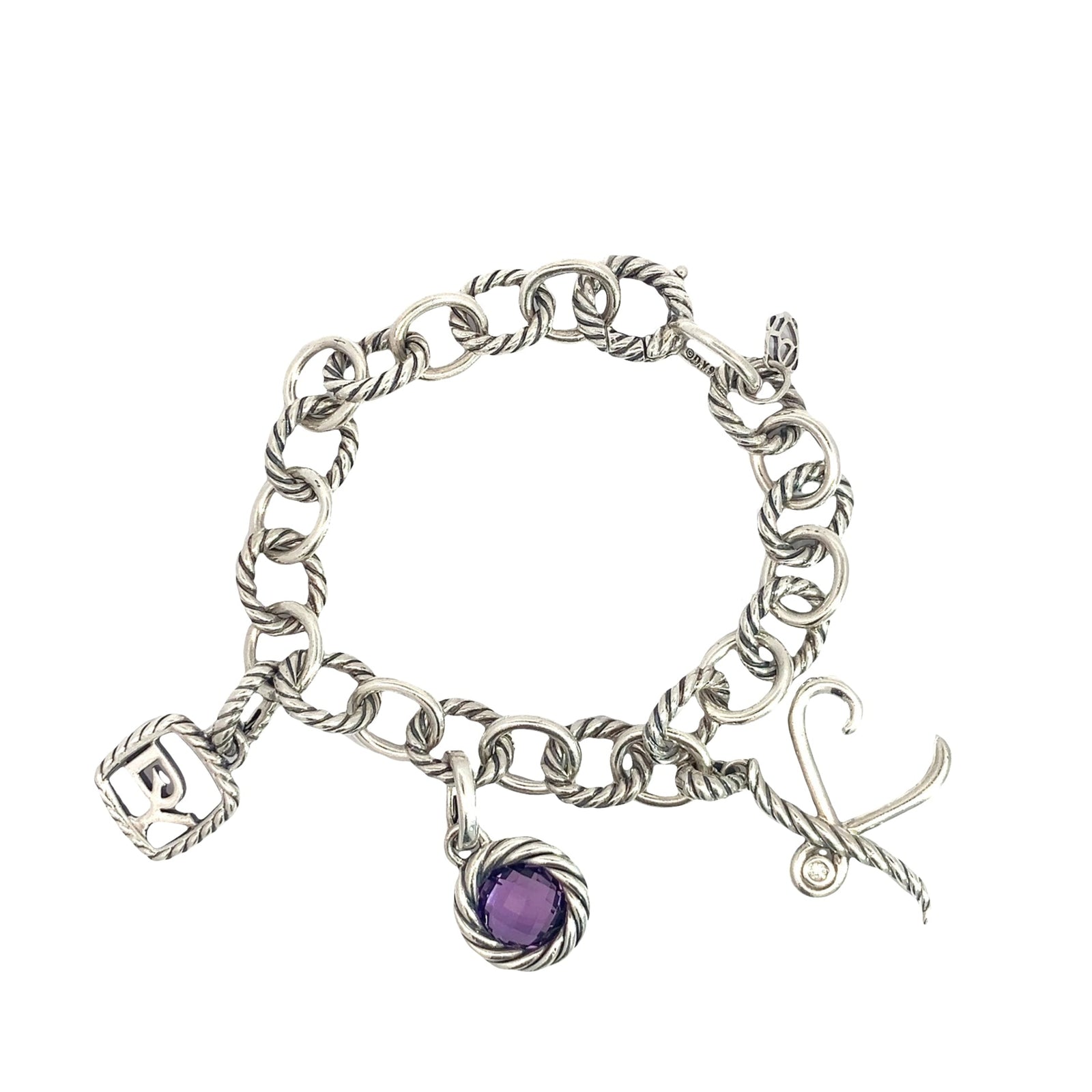 Estate David Yurman Sterling Silver Amethyst Oval Link Cable Charm Bracelet