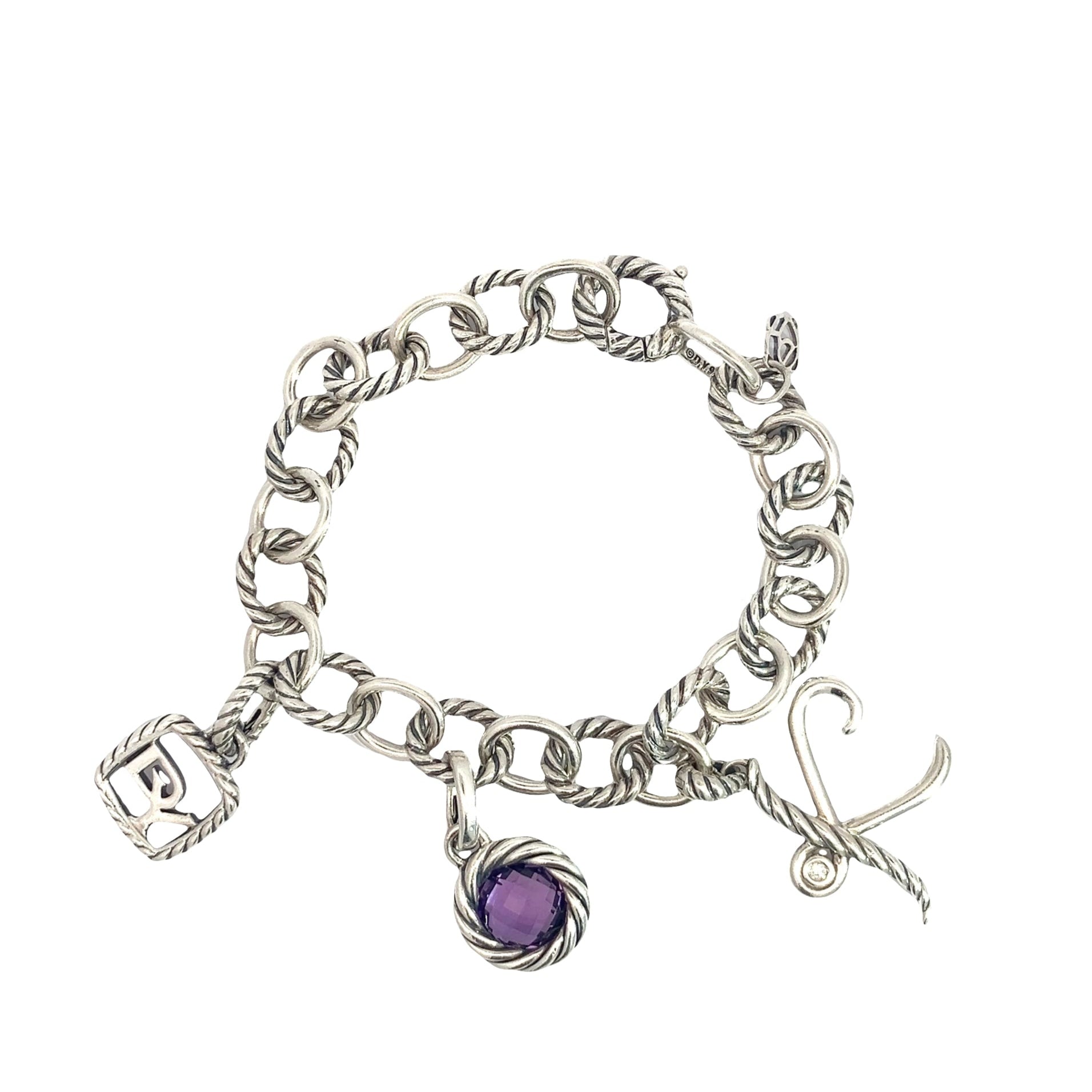 Estate David Yurman Sterling Silver Amethyst Oval Link Cable Charm Bracelet