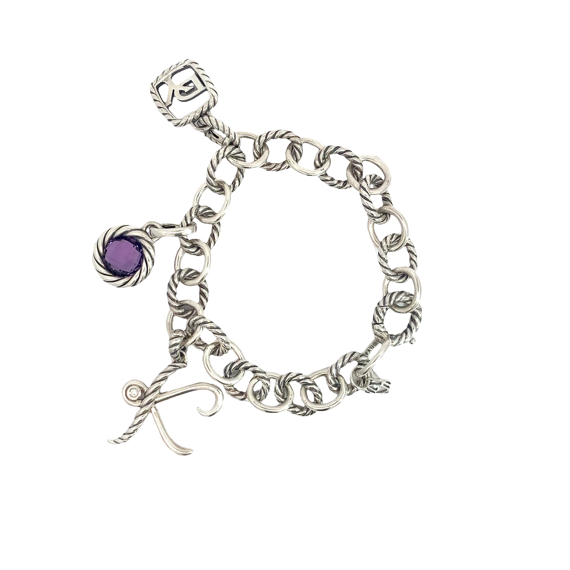 Estate David Yurman Sterling Silver Amethyst Oval Link Cable Charm Bracelet