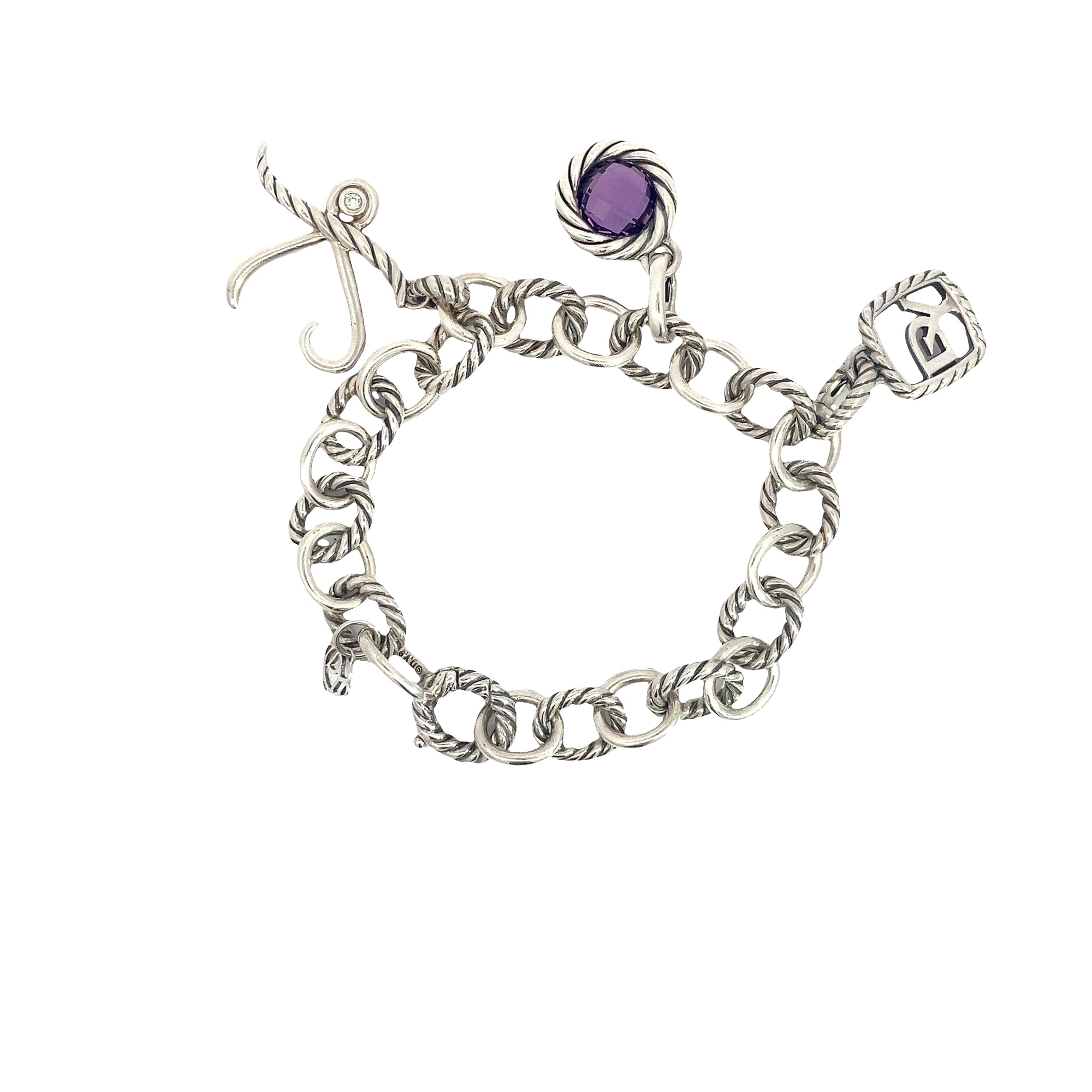 Estate David Yurman Sterling Silver Amethyst Oval Link Cable Charm Bracelet