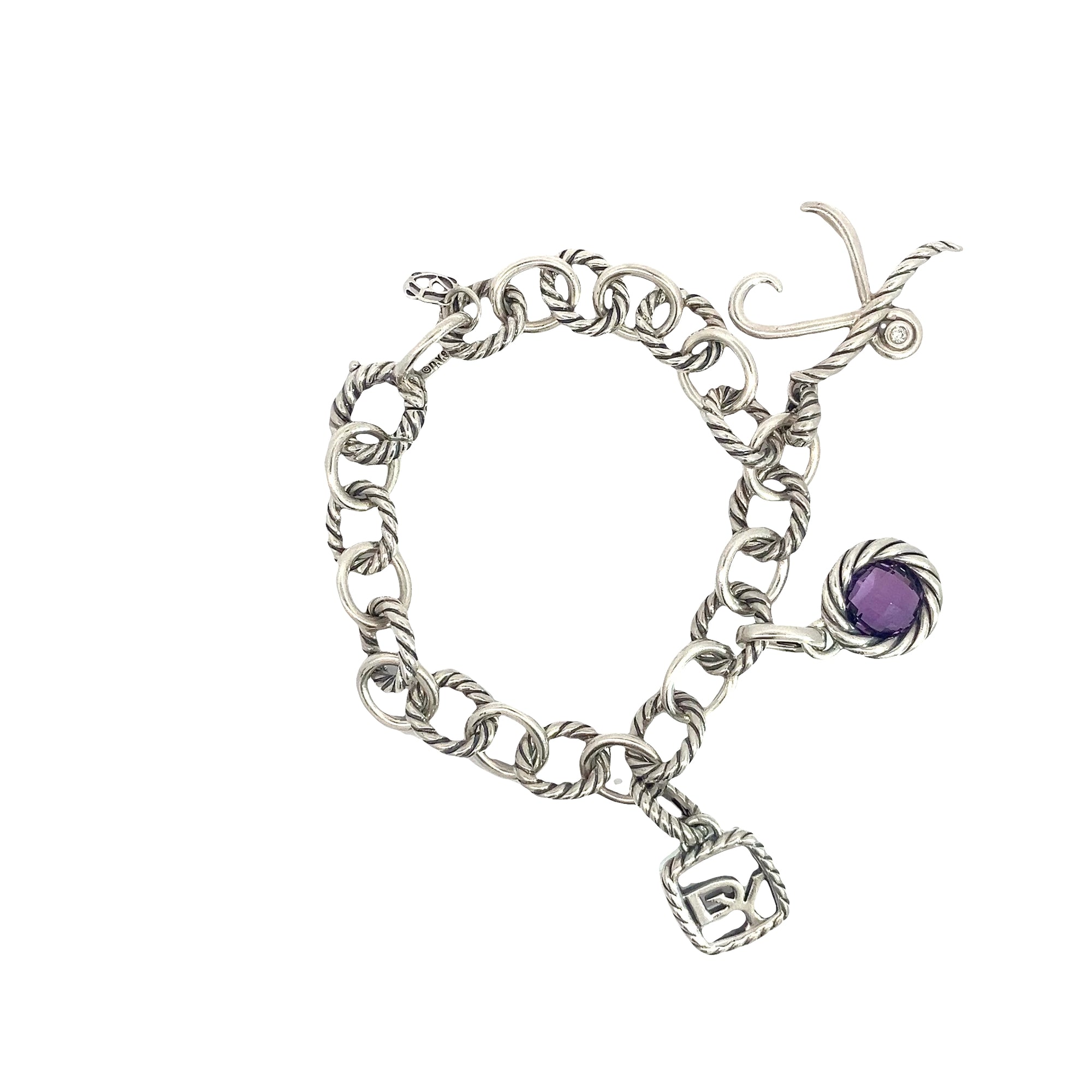 Estate David Yurman Sterling Silver Amethyst Oval Link Cable Charm Bracelet