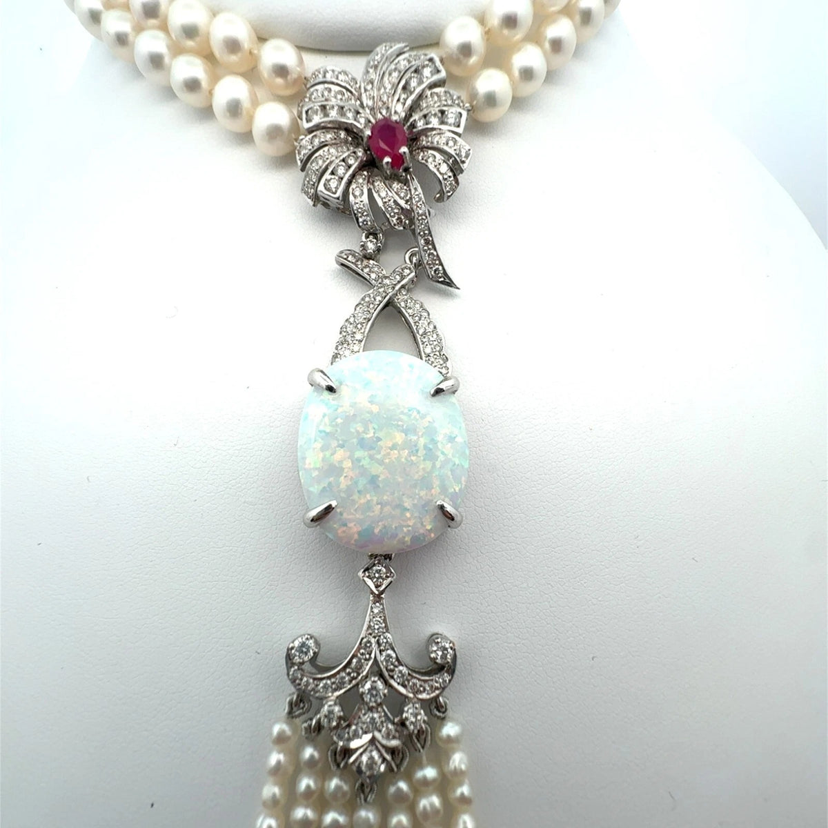 Vintage Custom Designed Pearl Necklace Large Opal Pendant Ruby & Diamond Accents