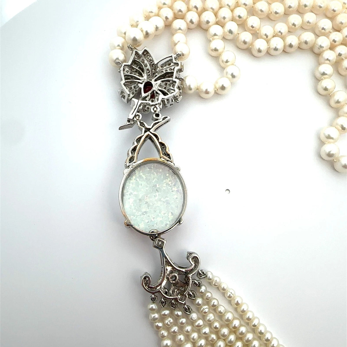 Vintage Custom Designed Pearl Necklace Large Opal Pendant Ruby & Diamond Accents
