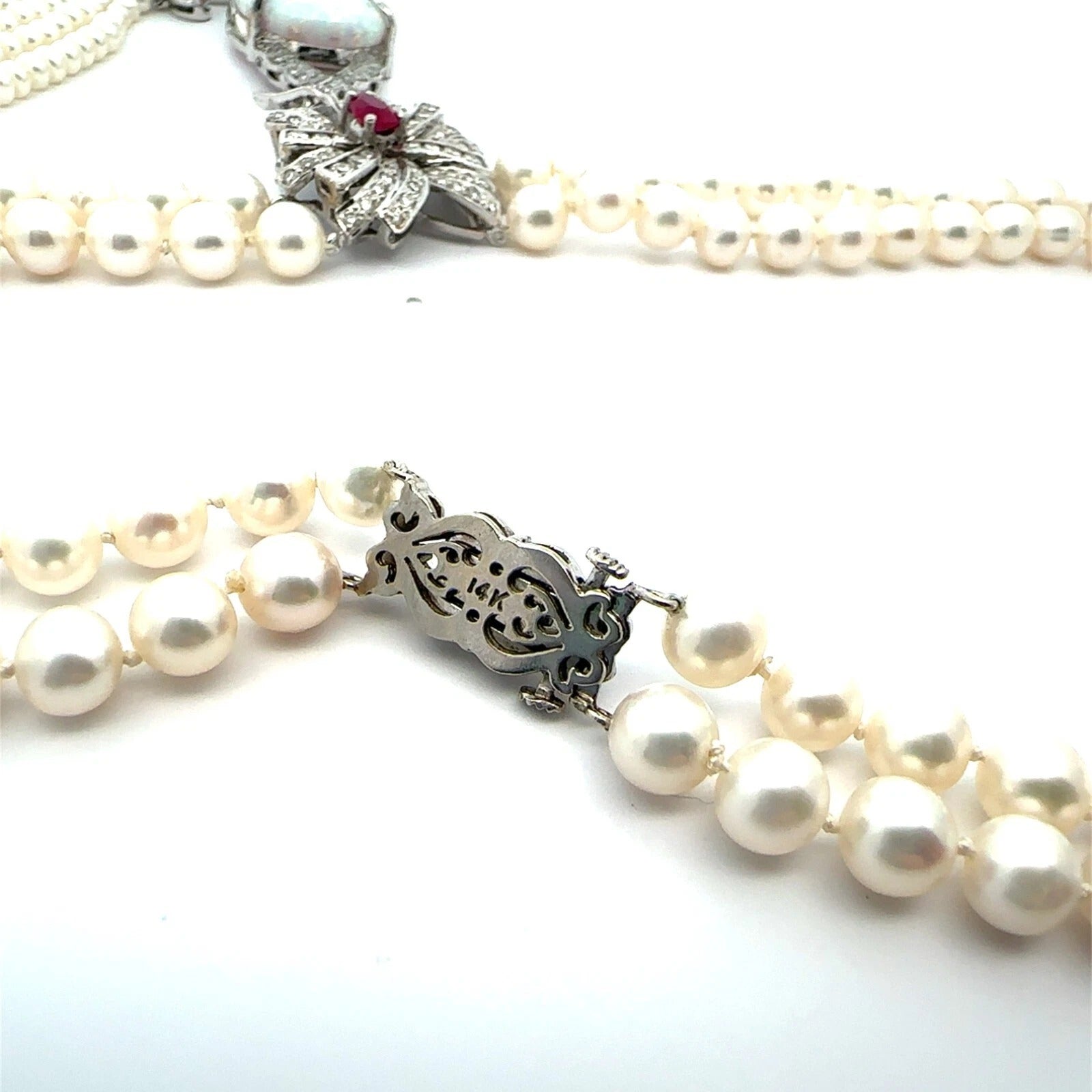 Vintage Custom Designed Pearl Necklace Large Opal Pendant Ruby & Diamond Accents