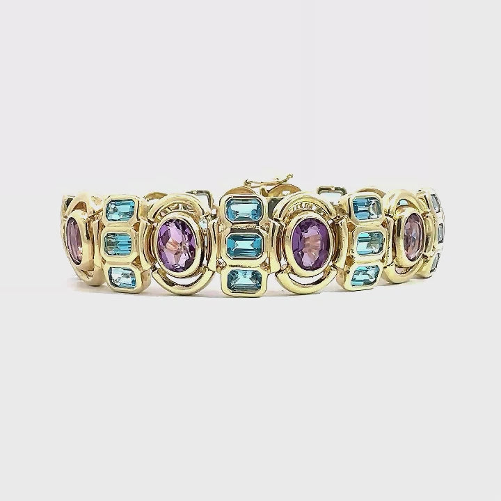 Estate 14k Yellow Gold Bezel Set Amethyst and Topaz Bracelet