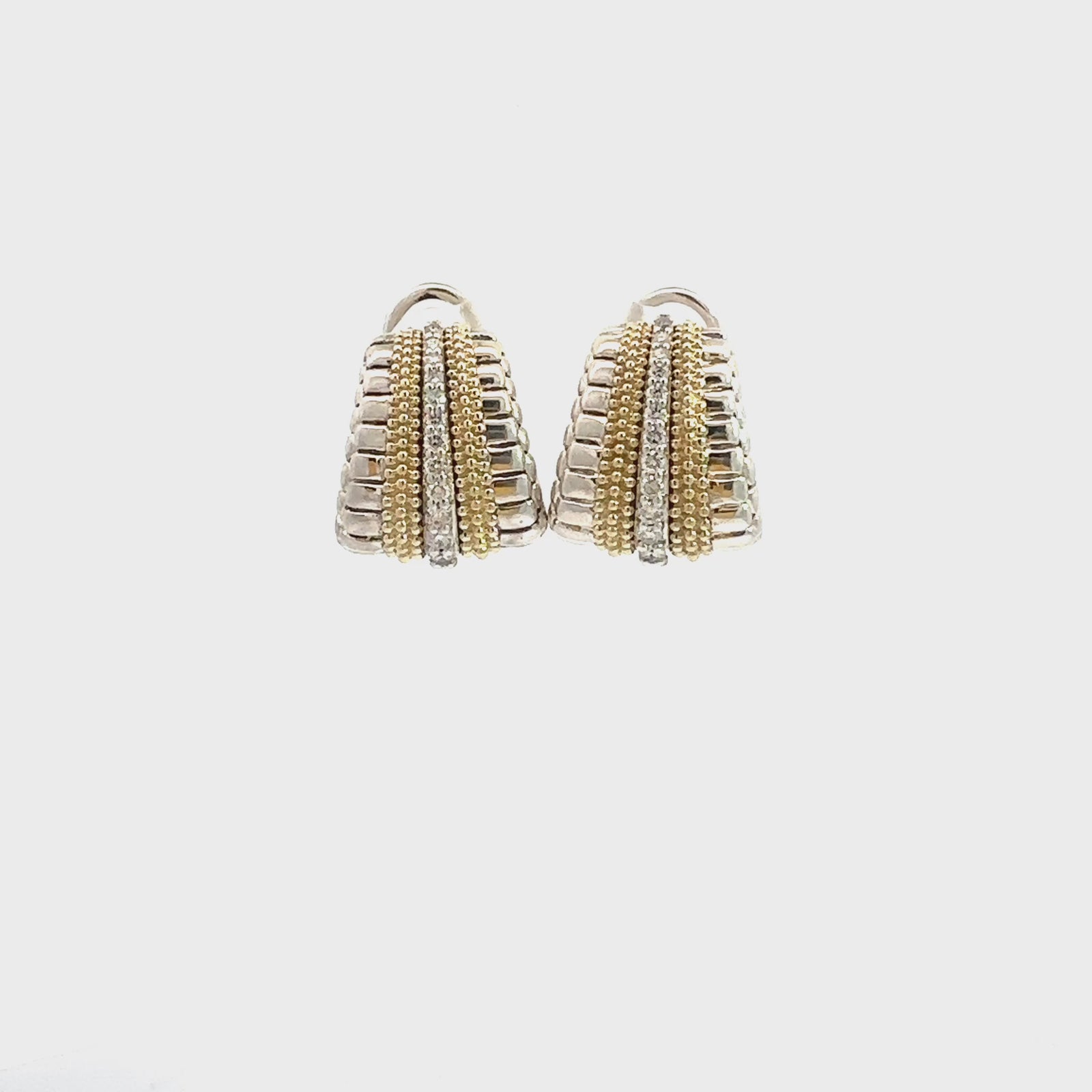 Estate LAGOS 18k Yellow Gold and Sterling Silver Diamond Caviar Lux Omega Clip Earrings