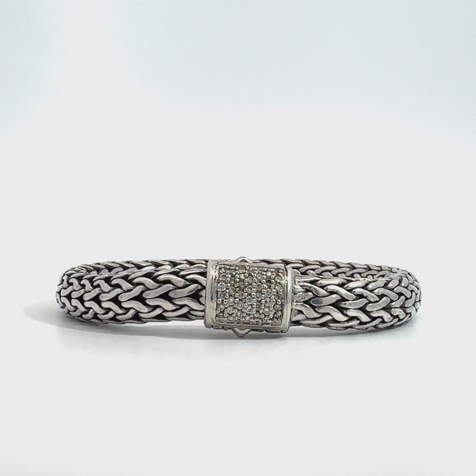 Estate John Hardy Sterling Silver and 18k White Gold Diamond Pave Woven Bracelet-X-Small