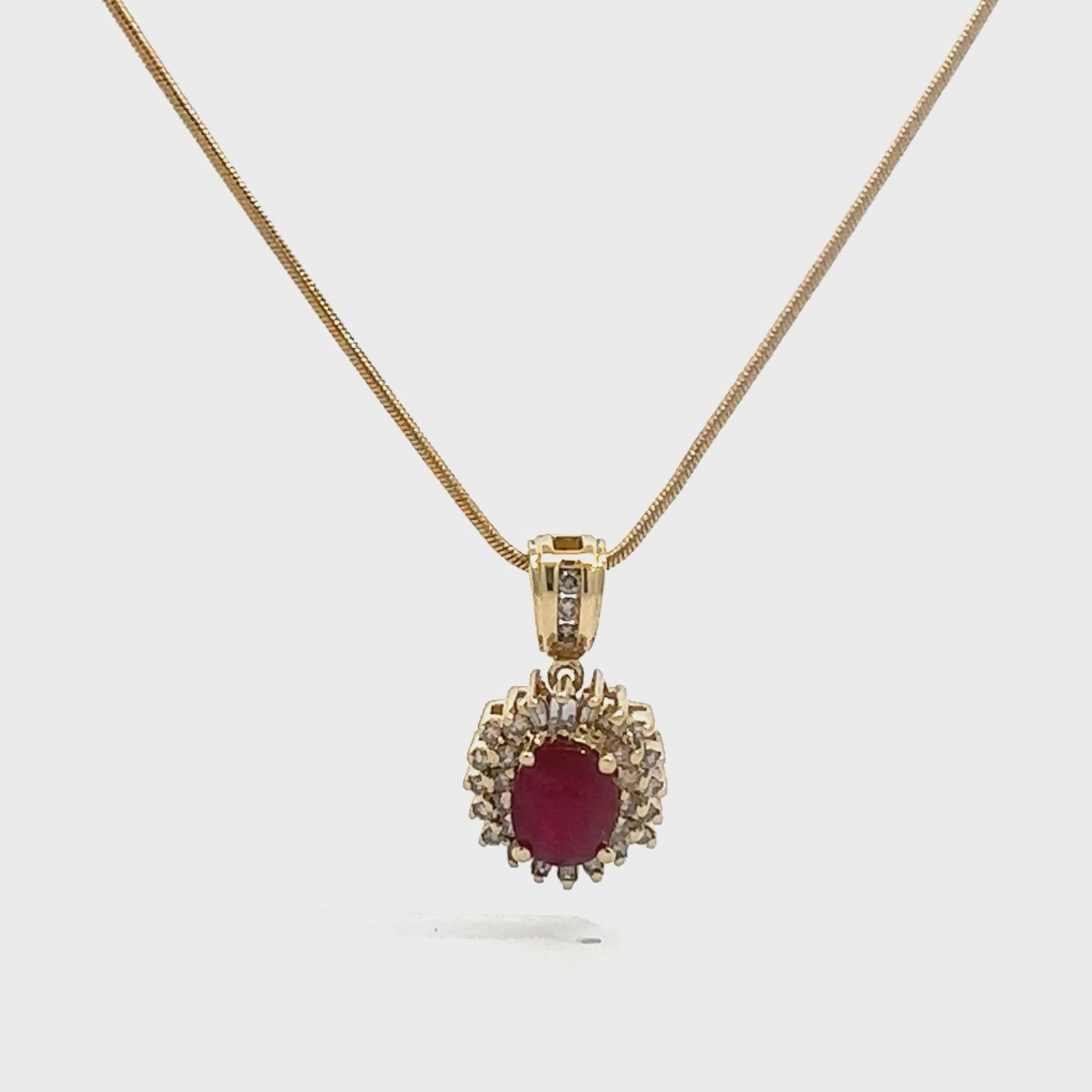 Vintage 14k Yellow Gold 1.72cttw Oval Ruby & 0.56cttw Diamond Halo Pendant Necklace 17"