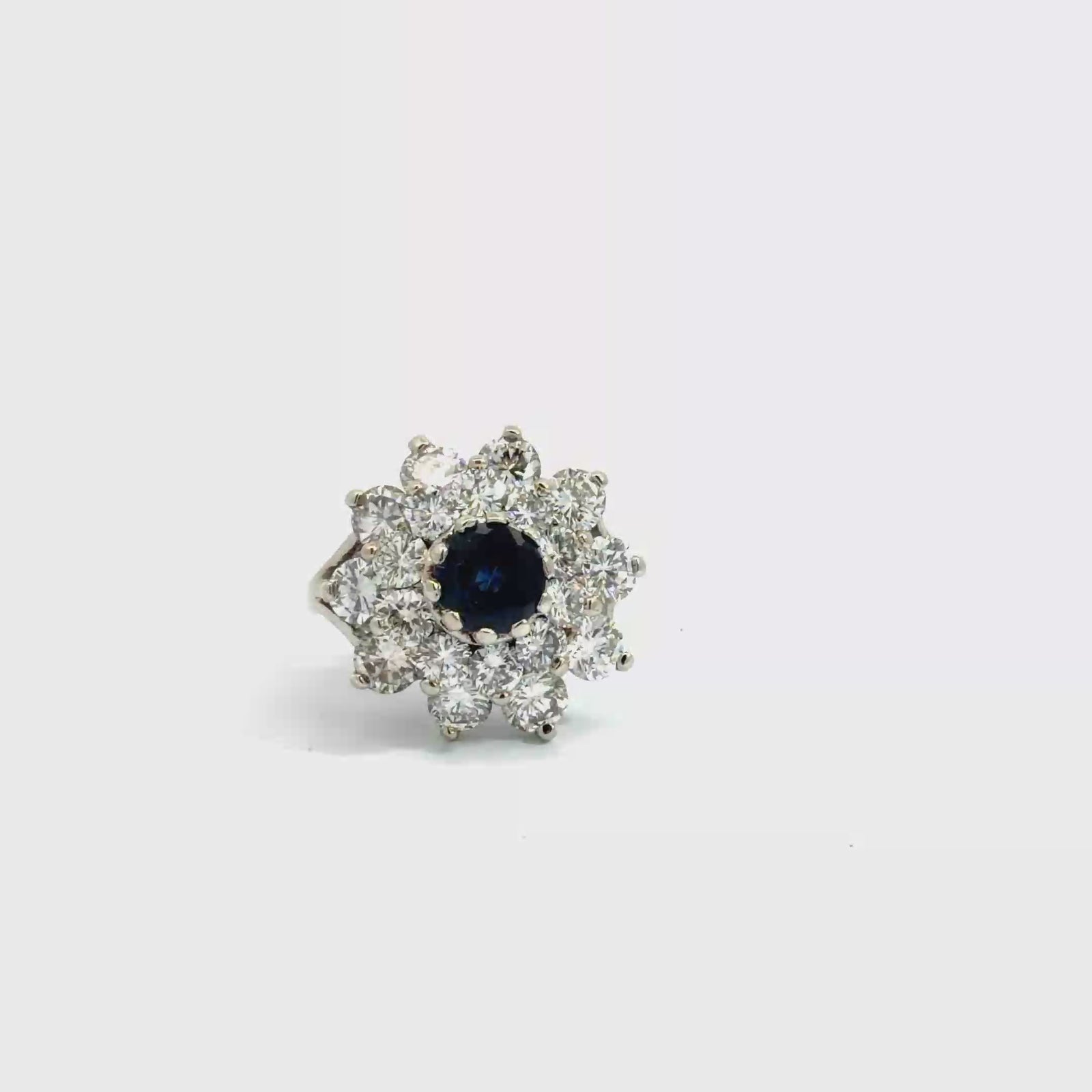 Vintage 14k White Gold 2.60ctw Diamond and 0.75ctw Sapphire Flower Cocktail Ring