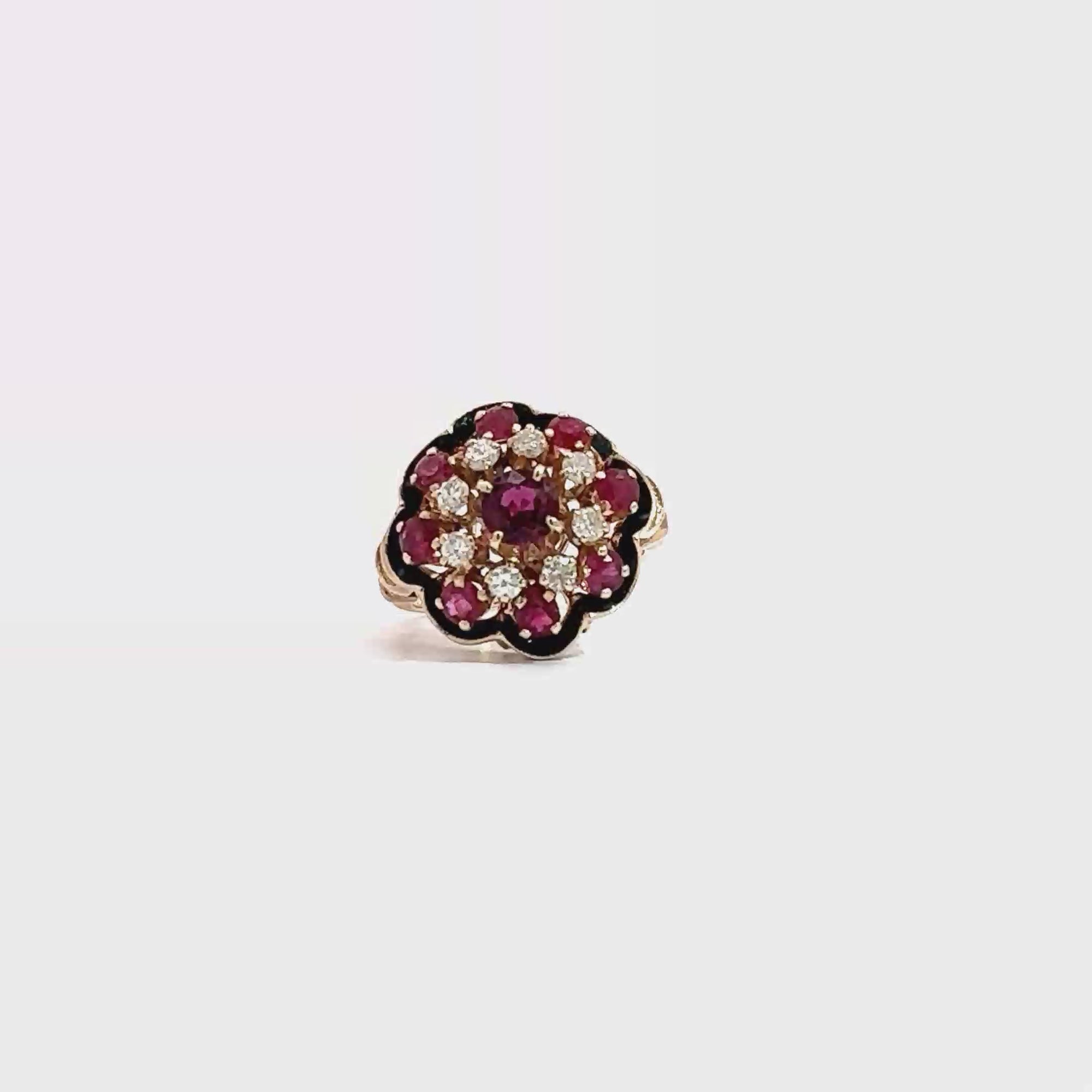Vintage 10k Yellow Gold 1.20ctw Ruby and 0.30ctw Diamond Black Enamel Ring