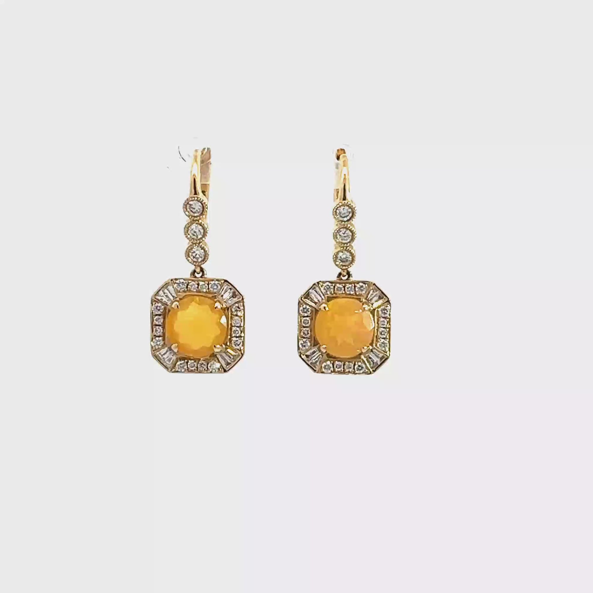Vintage 14k Yellow Gold 1.50ctw Fire Opal and 0.65ctw Diamond Earrings