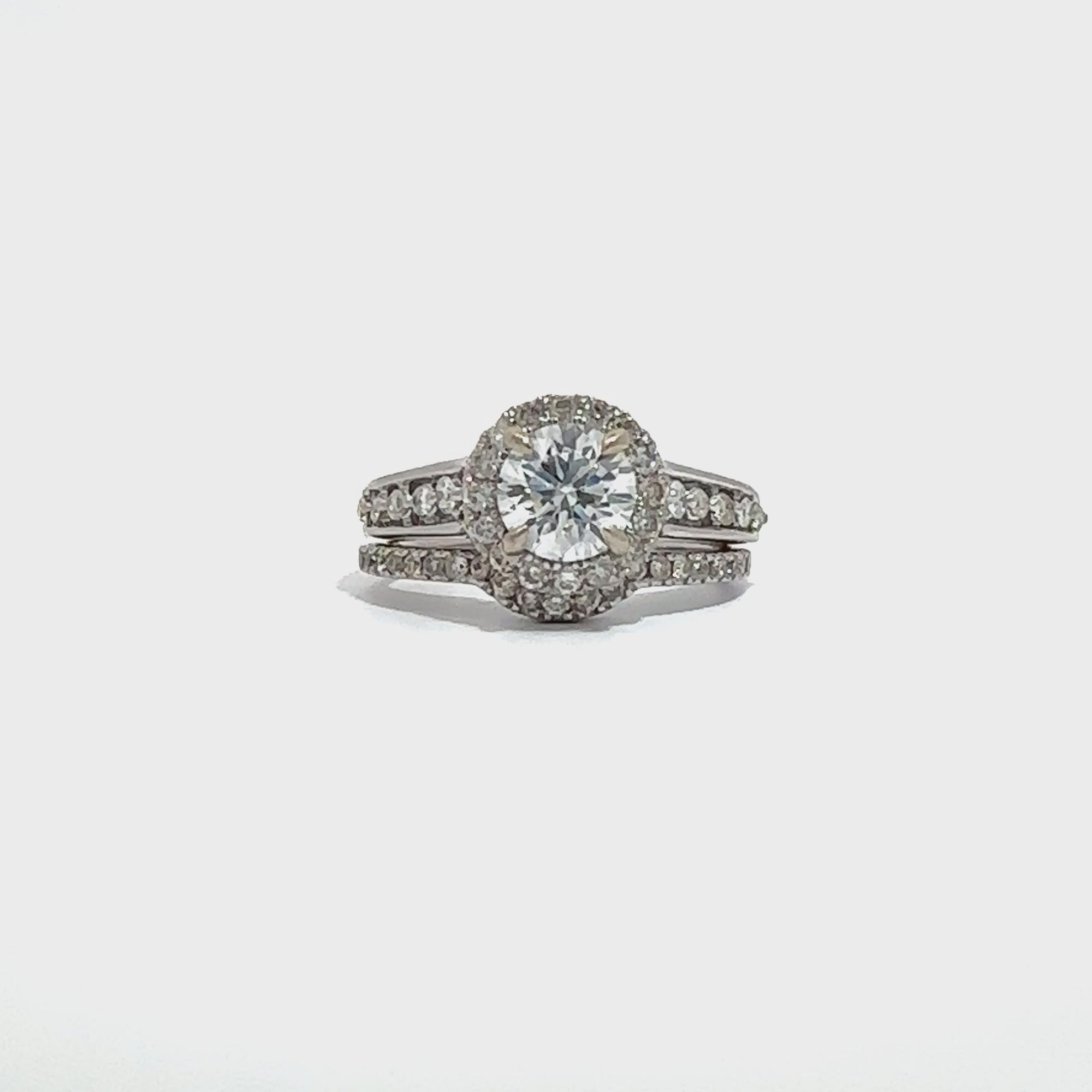 Estate 14k White Gold Round Brilliant Halo Set Diamond Bridal Set-1.69CTW