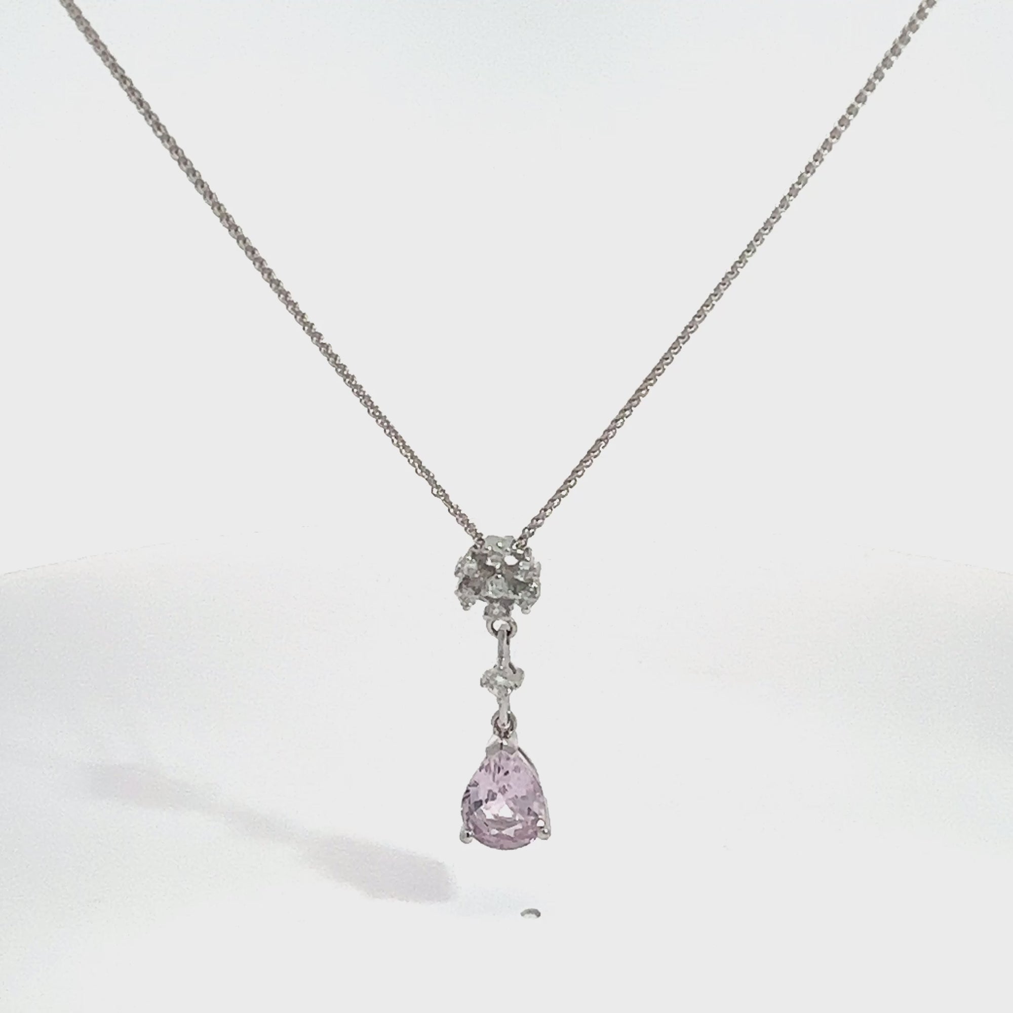 Estate 18k White Gold Pear Cut Pink Sapphire & Diamond Pendant Necklace 18"